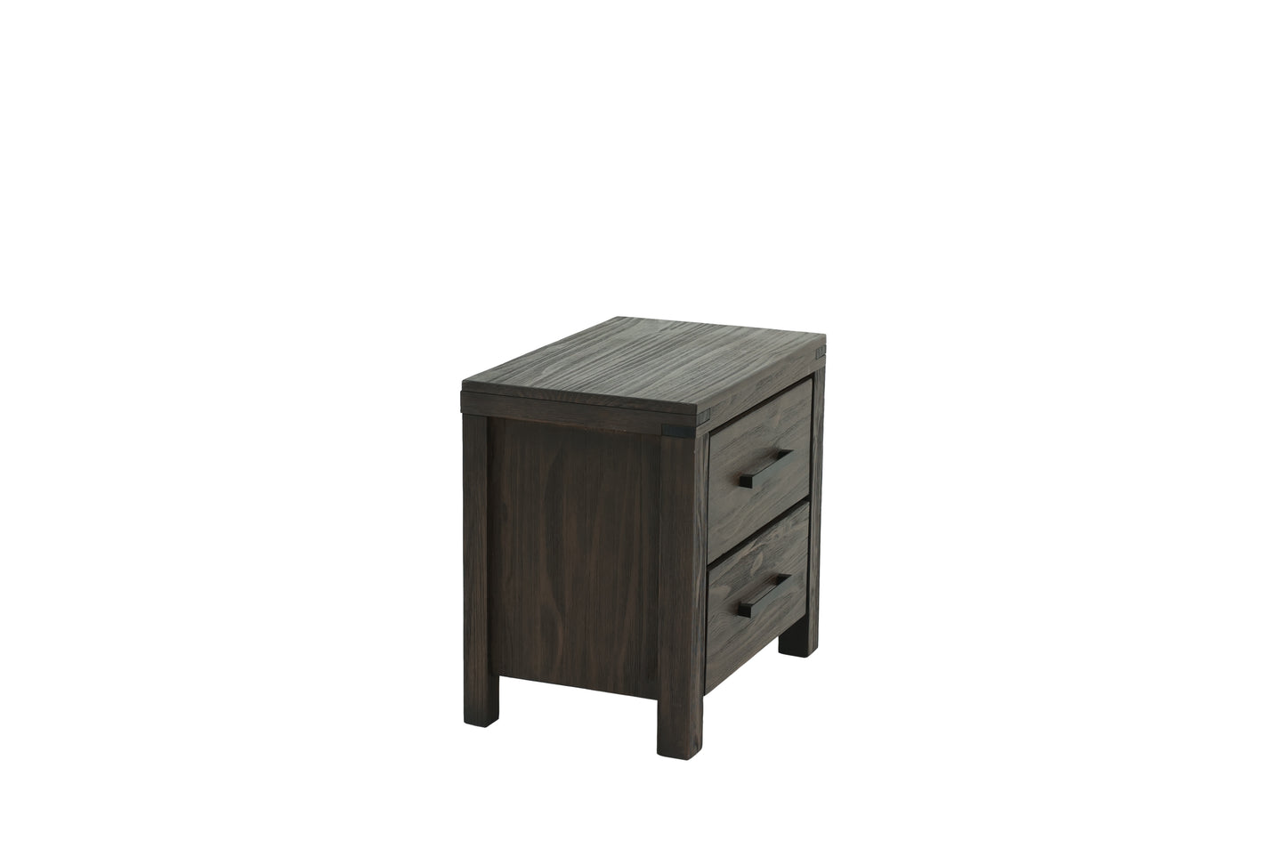 Dark wood nightstand with two drawers and black hardware