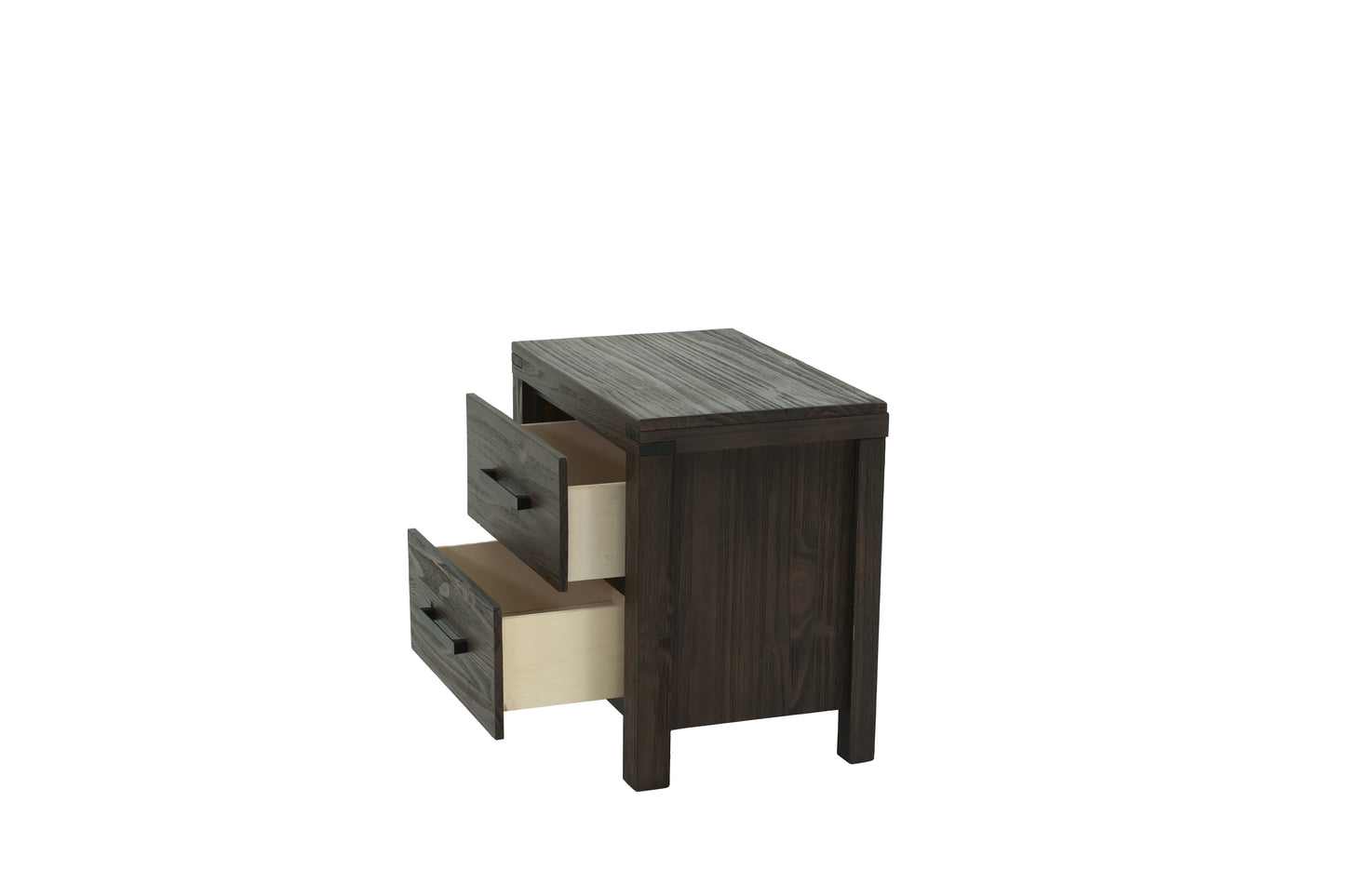 Dark wood nightstand with two open drawers and black hardware
