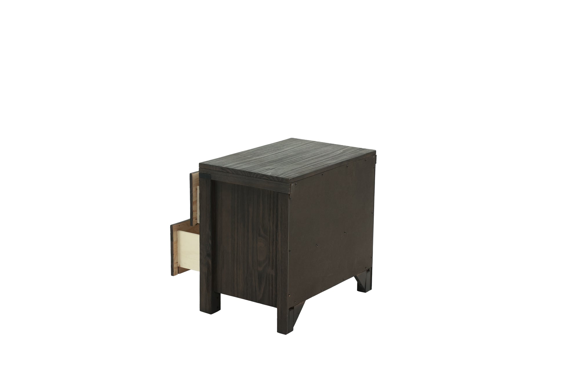 Dark wood grain nightstand with partially open drawer
