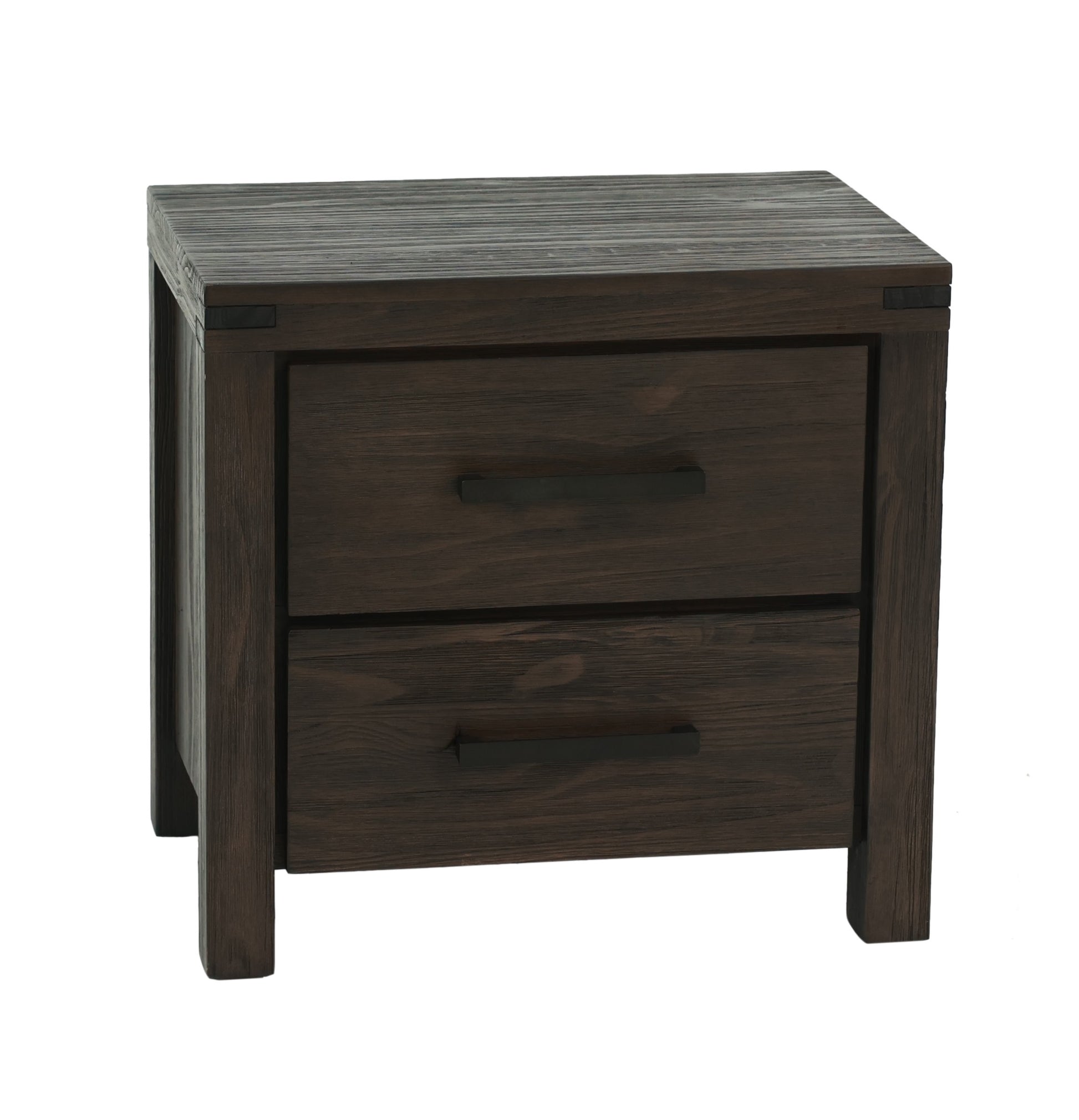 Dark wood rustic nightstand with two drawers and black handles