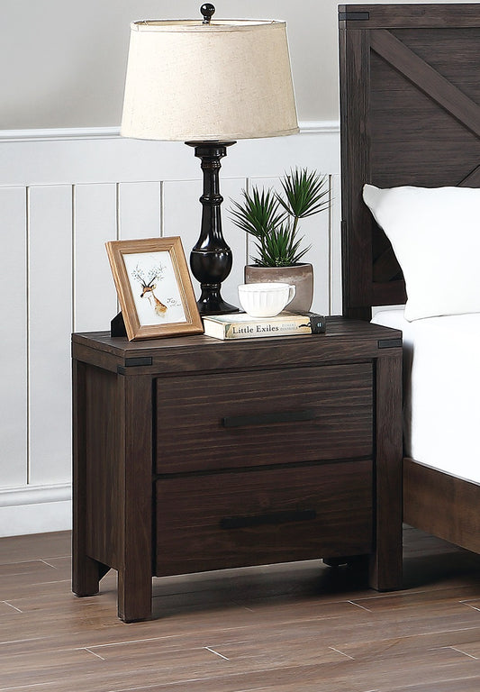 Dark brown wood nightstand with two drawers and black handles