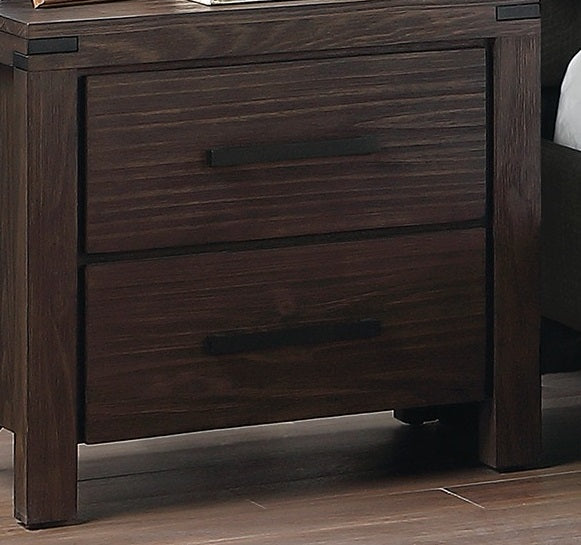 Dark wood nightstand with two drawers featuring black metal handles