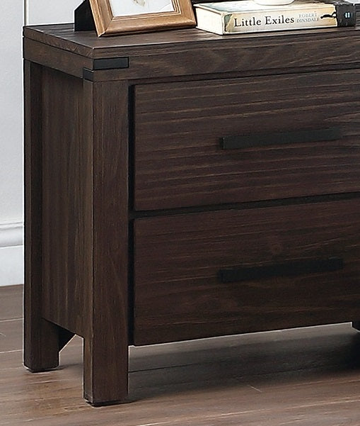 Dark brown wood nightstand with two blackhandled drawers and modern black corner accents