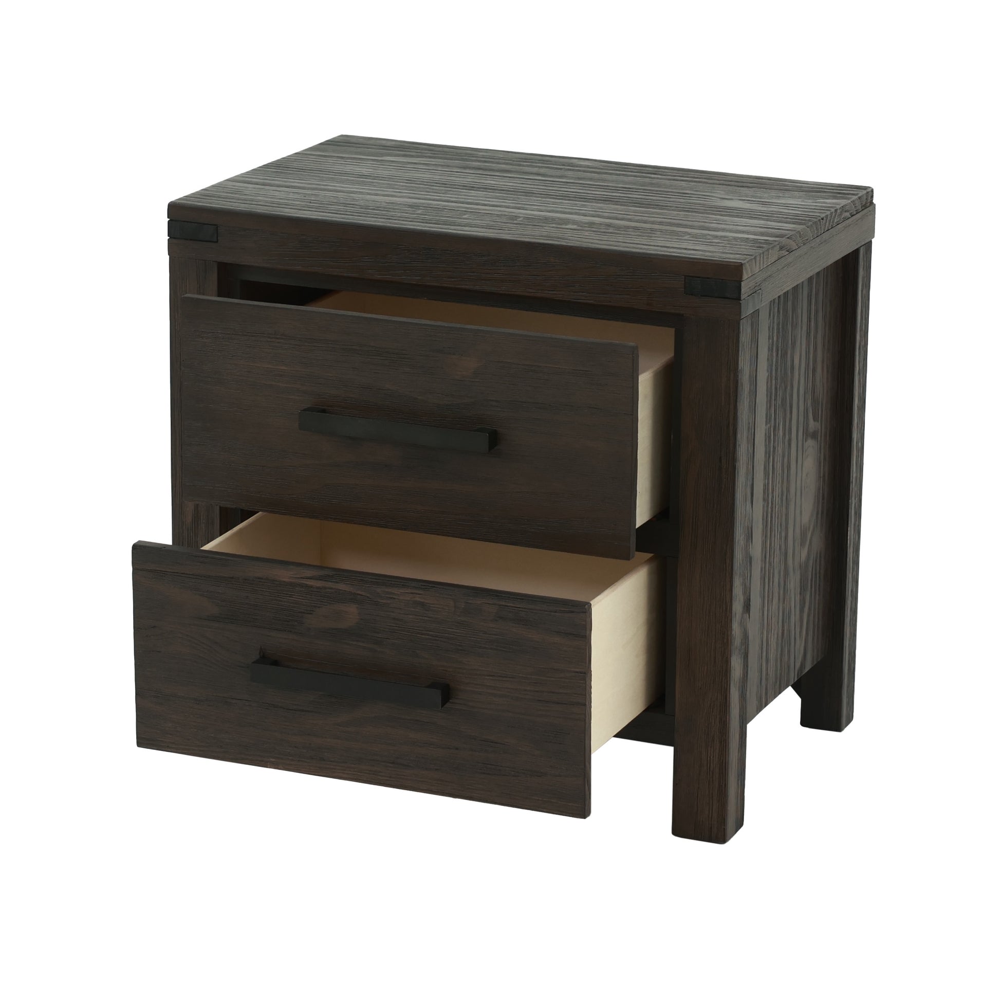 Dark wood twodrawer nightstand with black metal pulls
