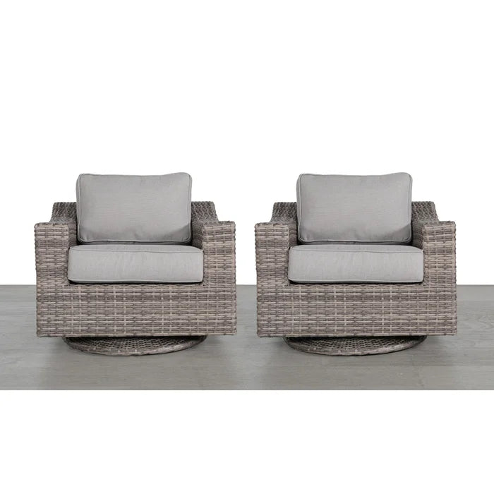 Gray rattan swivel chairs with plush cushions
