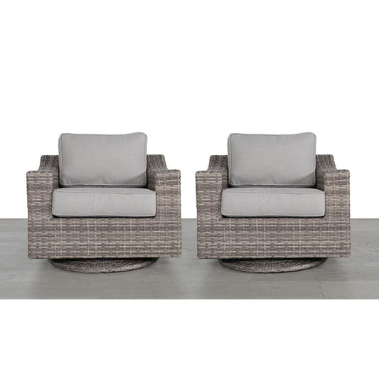 Gray rattan swivel chairs with plush cushions
