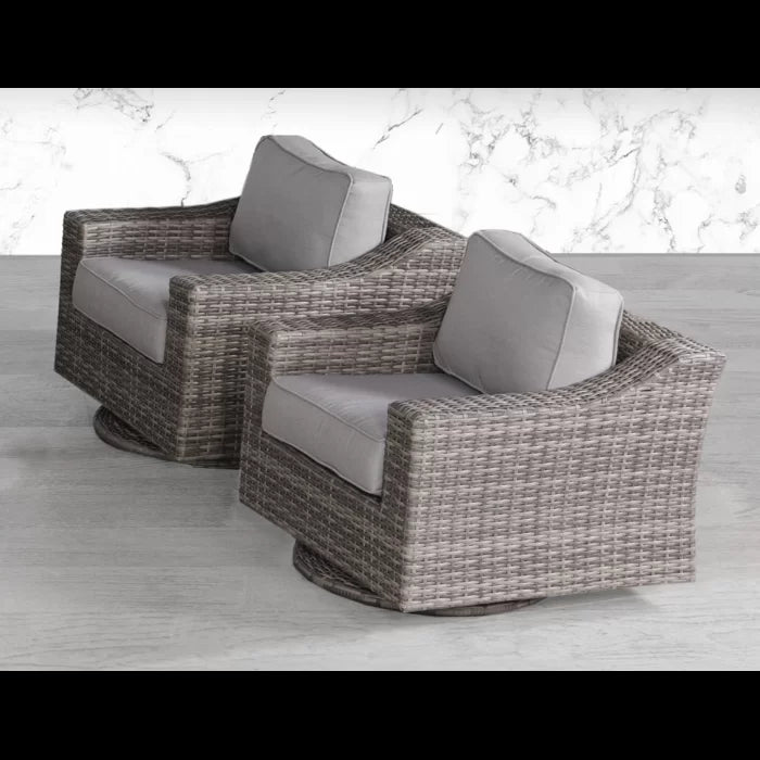 Gray wicker swivel patio chair with plush cushions for comfortable outdoor seating