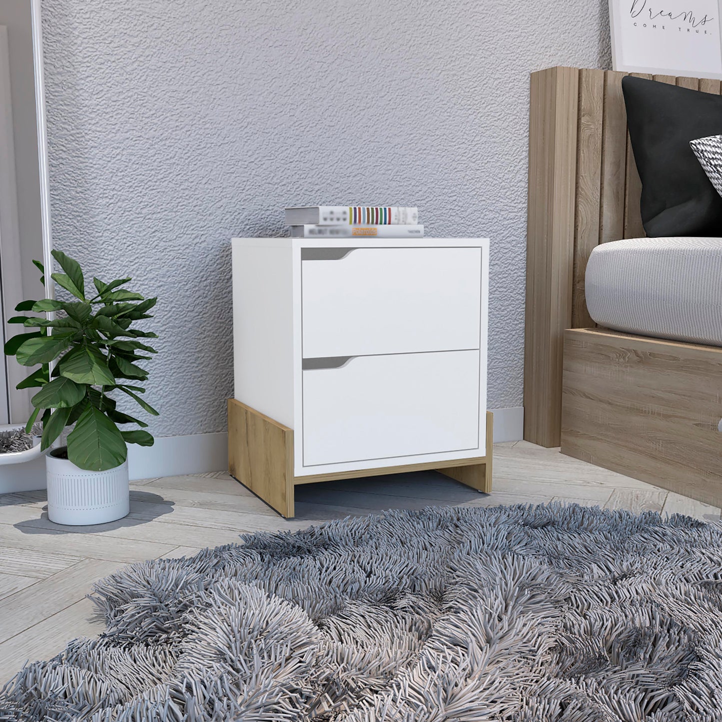 Modern white nightstand with two drawers and wood accent base