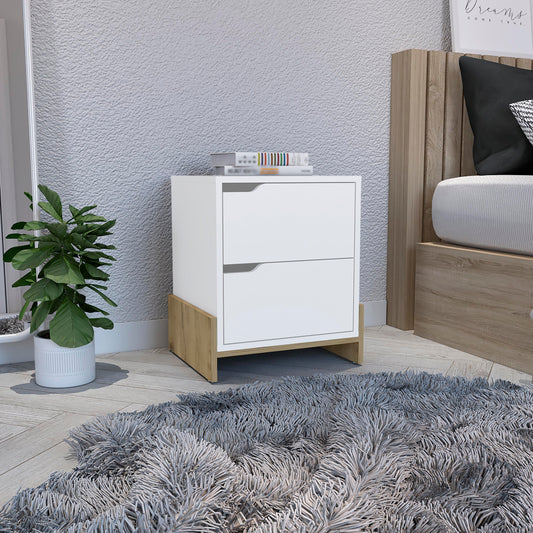 Modern white nightstand with two drawers and wood accent base