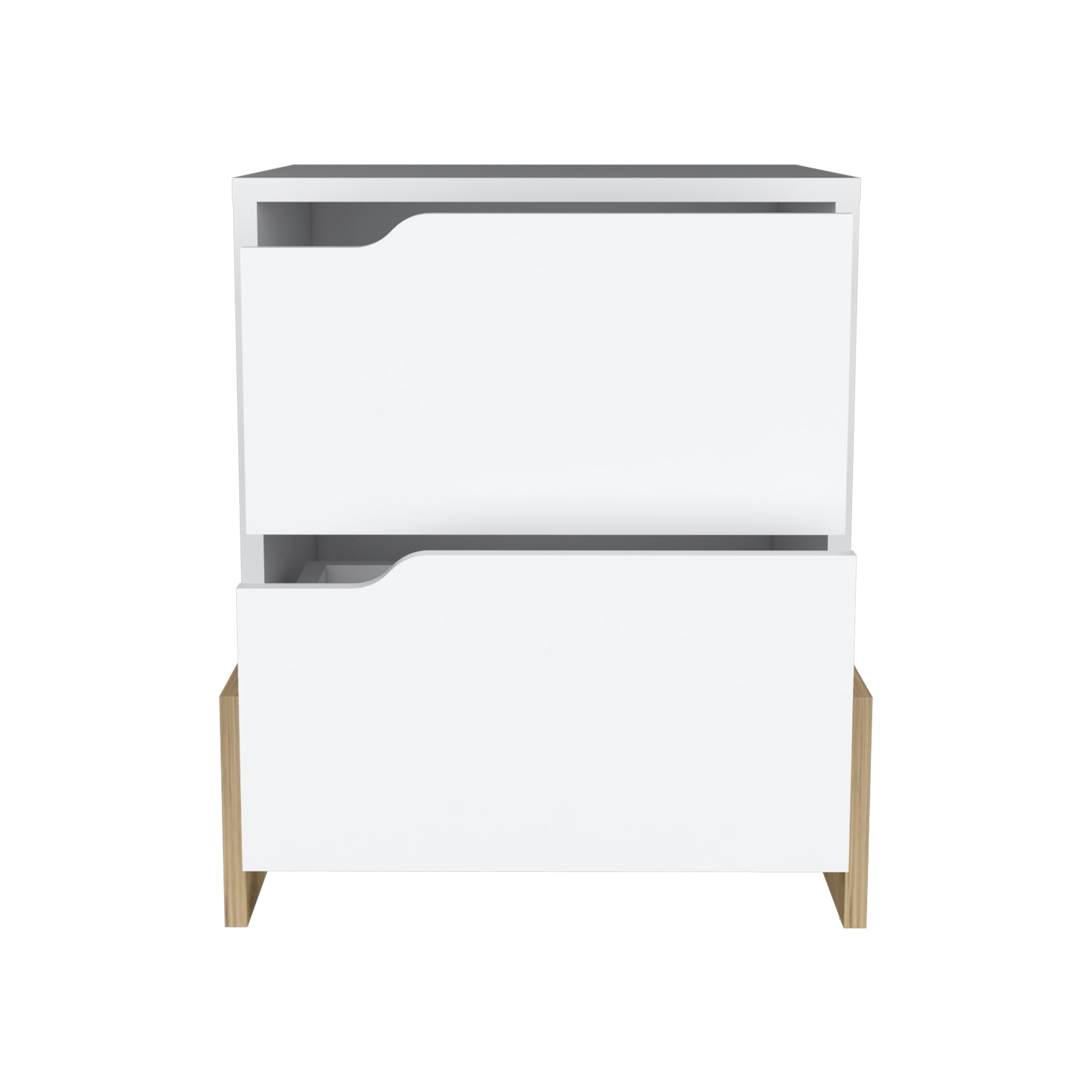 Modern white twodrawer nightstand with oak wood legs