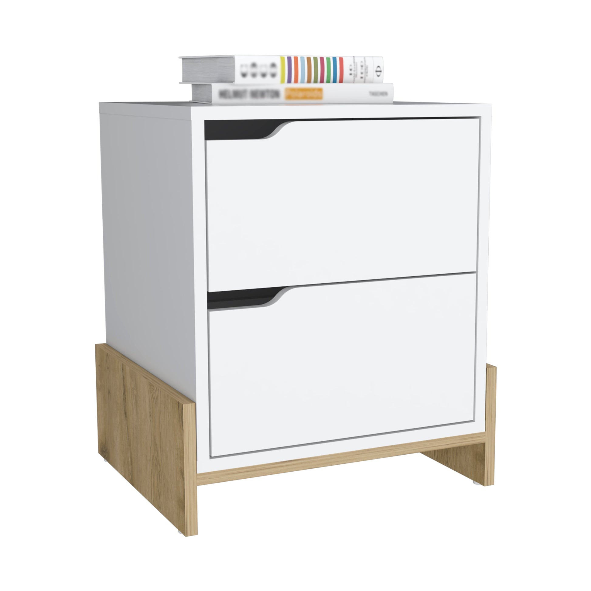 White modern bedside table with two drawers and wood accents
