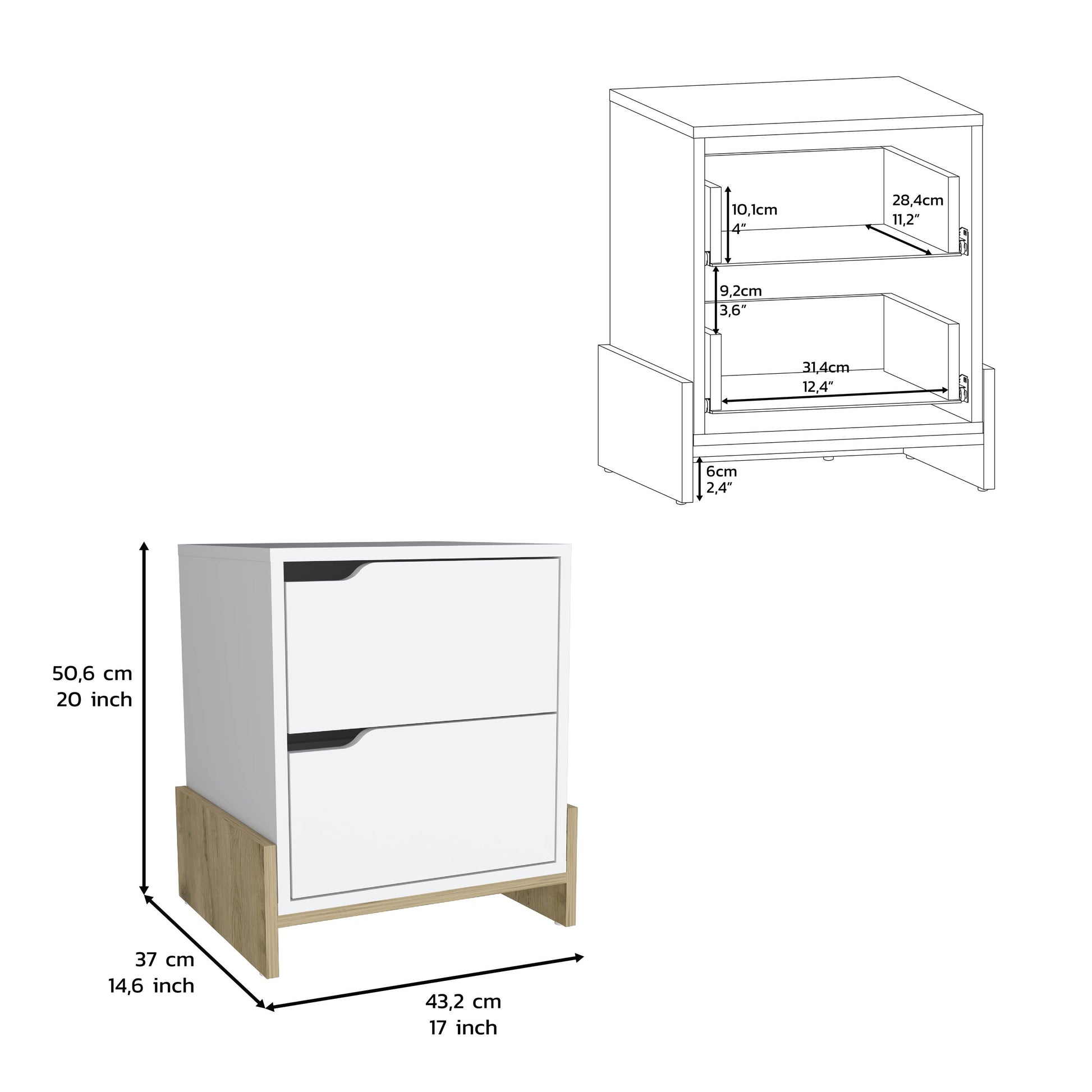 White and wood bedside table with two drawers