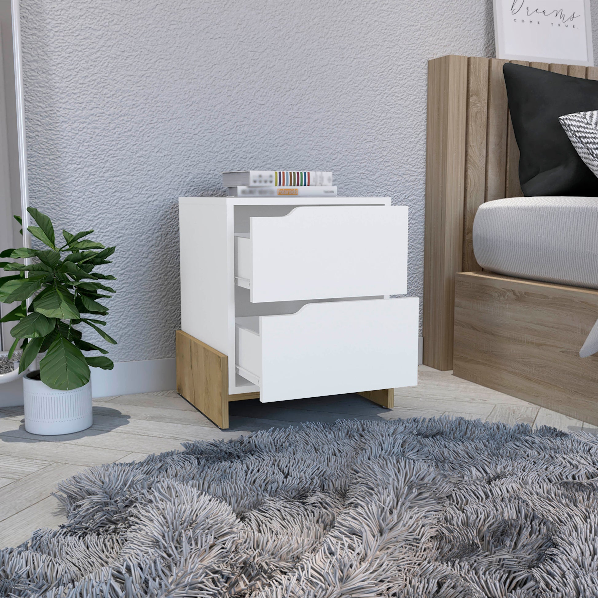 White twodrawer nightstand with wood accents and curved drawer pulls