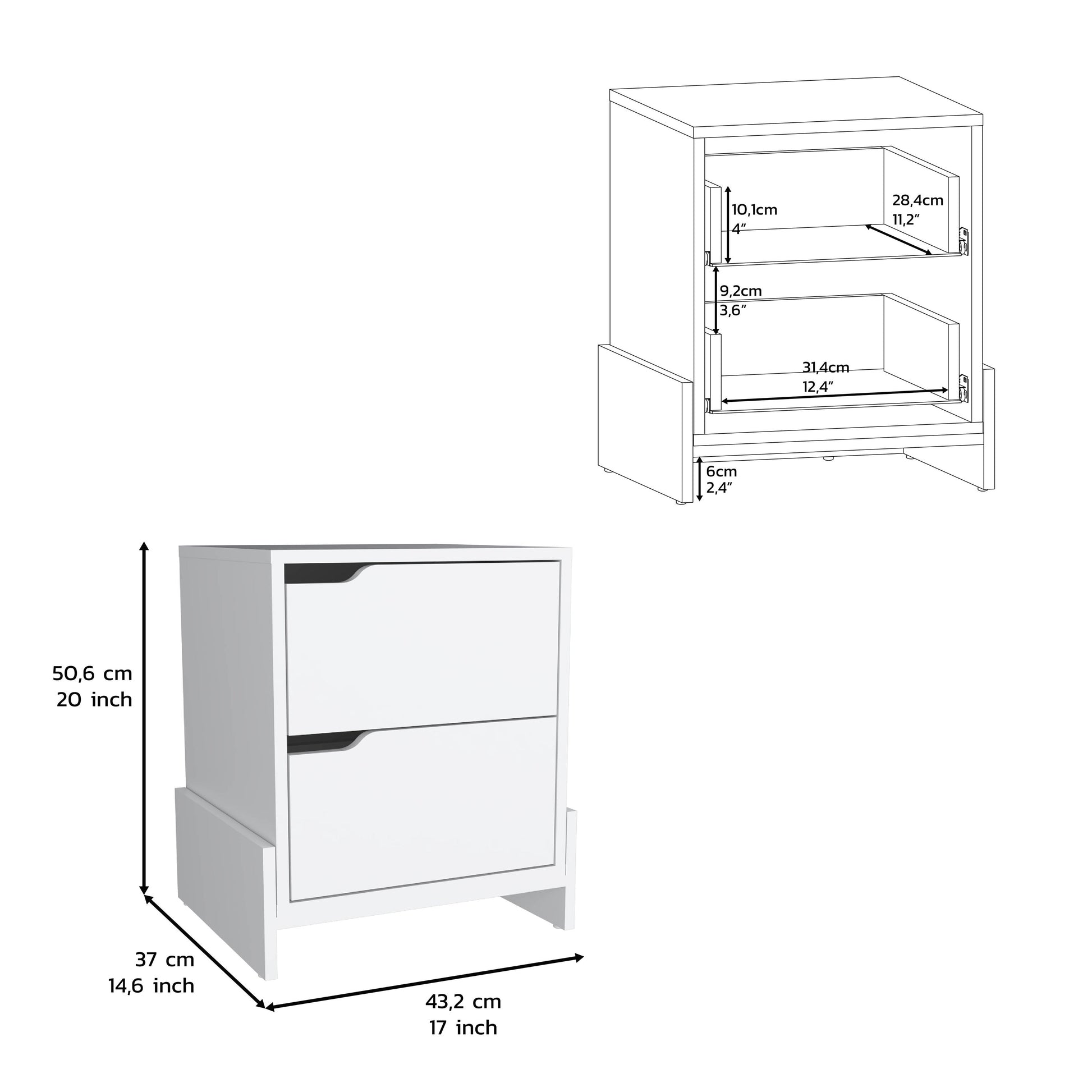 White bedside table with two drawers and metal handles