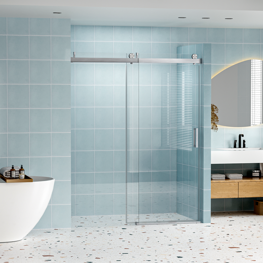 Modern glass shower enclosure with brushed nickel sliding door and track