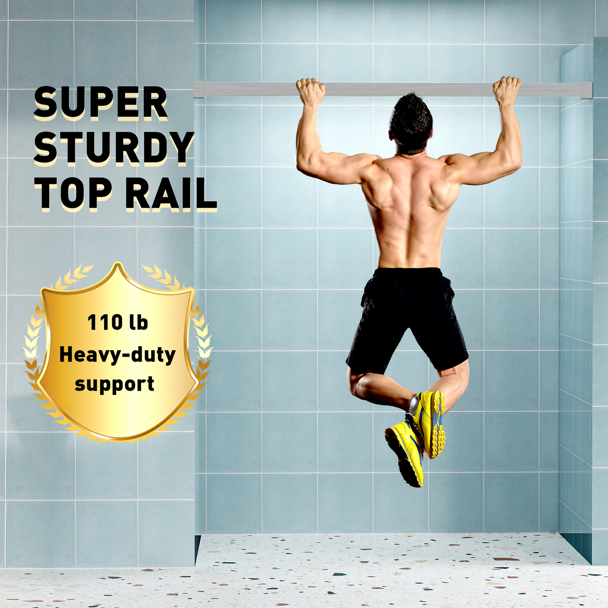 Muscular man performing pullups on a sturdy pullup bar demonstrating its strength
