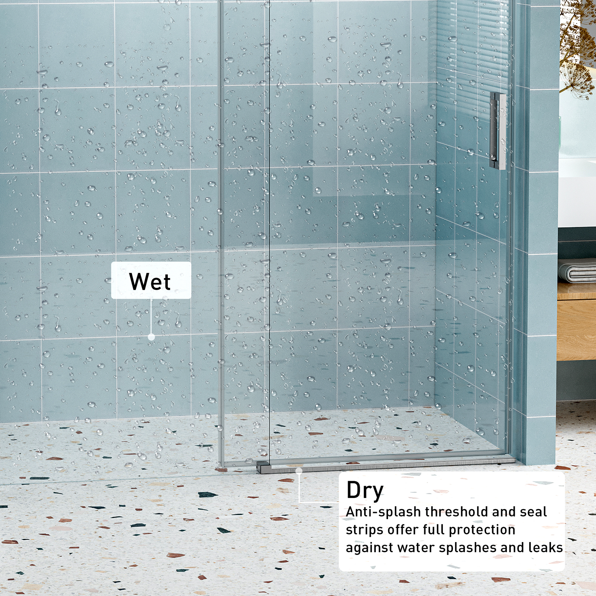 Modern frameless shower door with antisplash threshold for leak protection