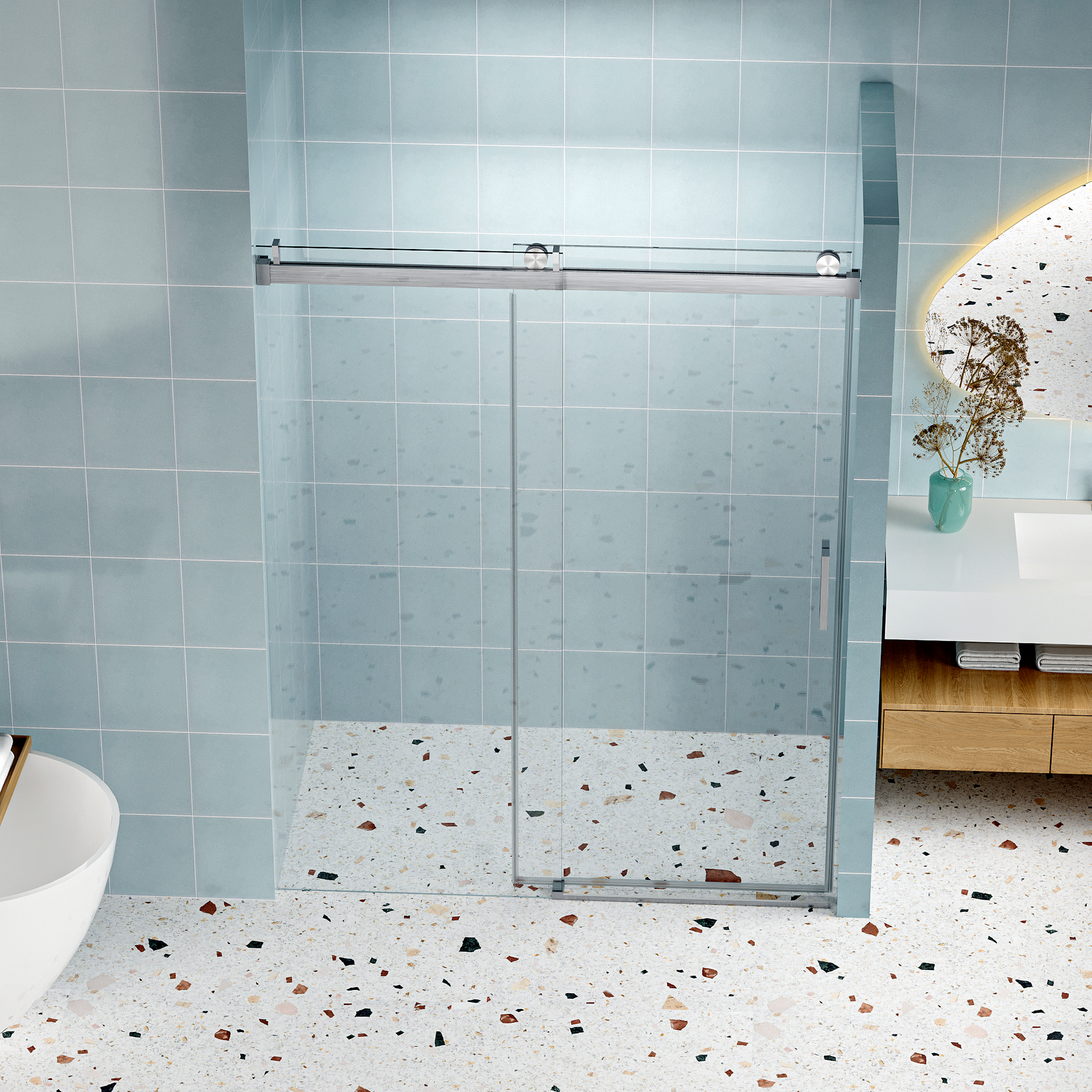 Sleek frameless glass shower door with smooth sliding action for modern bathrooms