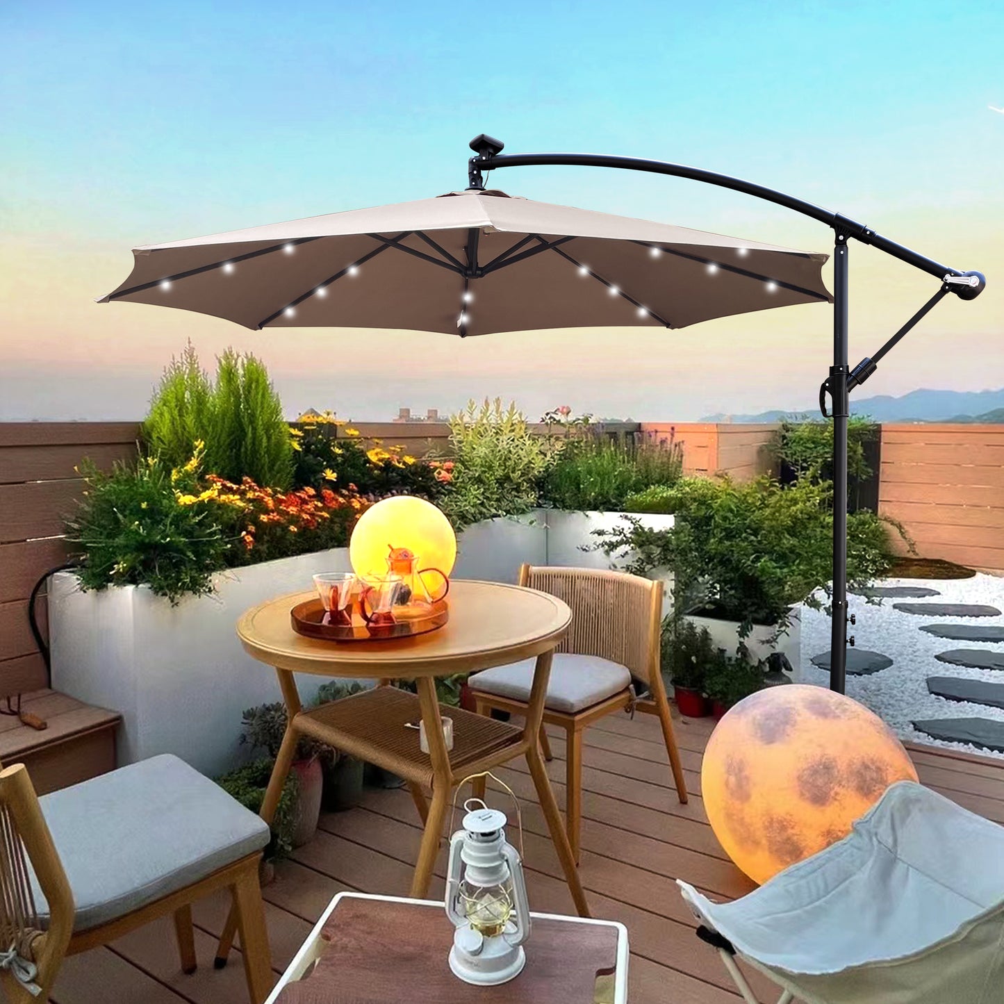 Tan cantilever patio umbrella with LED lights ideal for outdoor dining