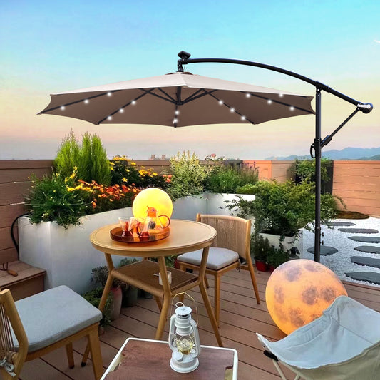 Tan cantilever patio umbrella with LED lights ideal for outdoor dining