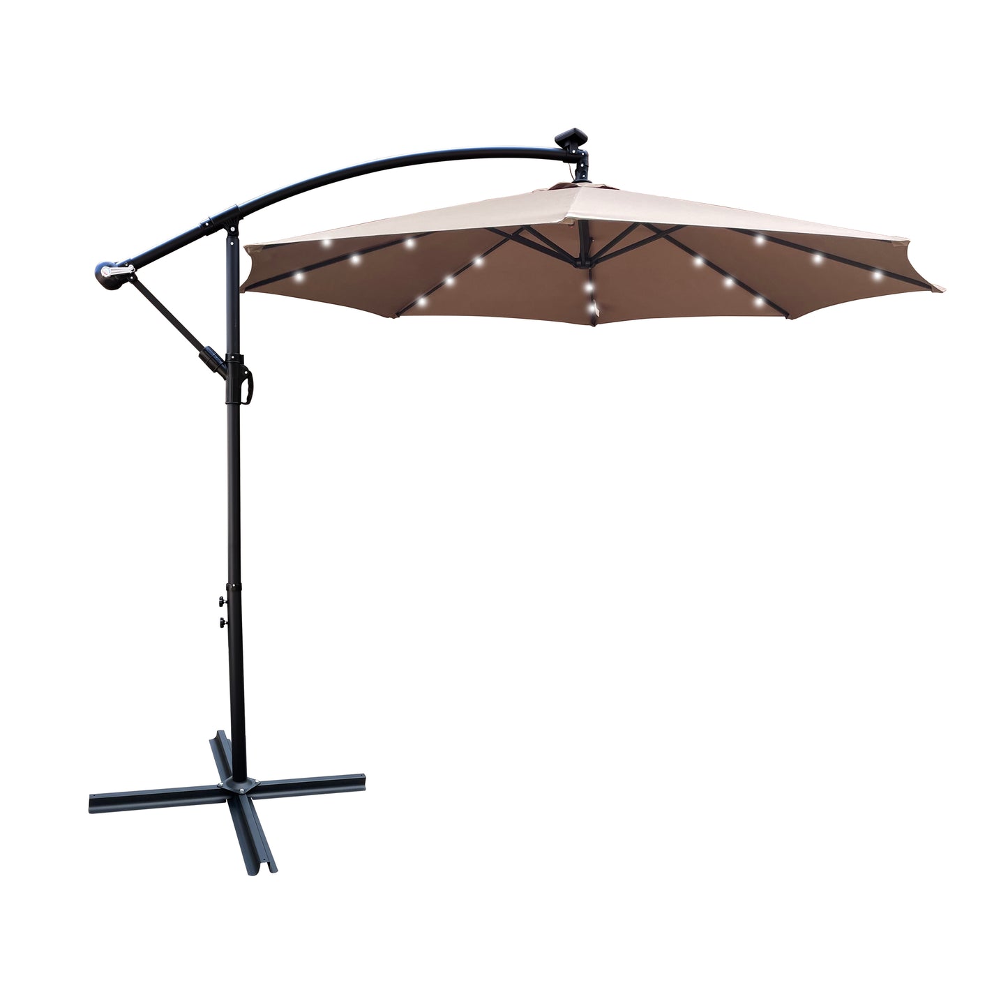 Tan cantilever patio umbrella with solarpowered LED lights