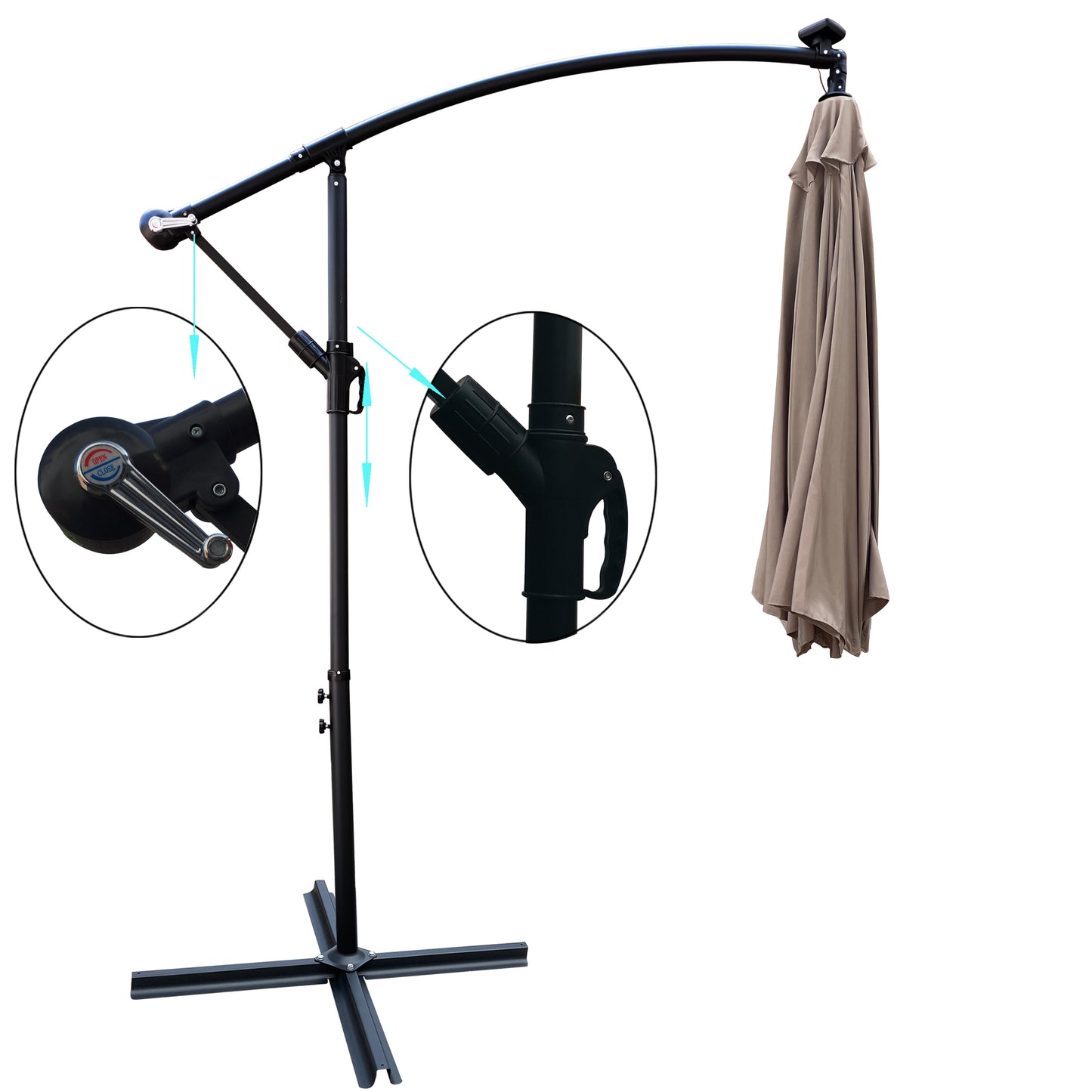 Black cantilever umbrella stand with beige canopy and crank mechanism