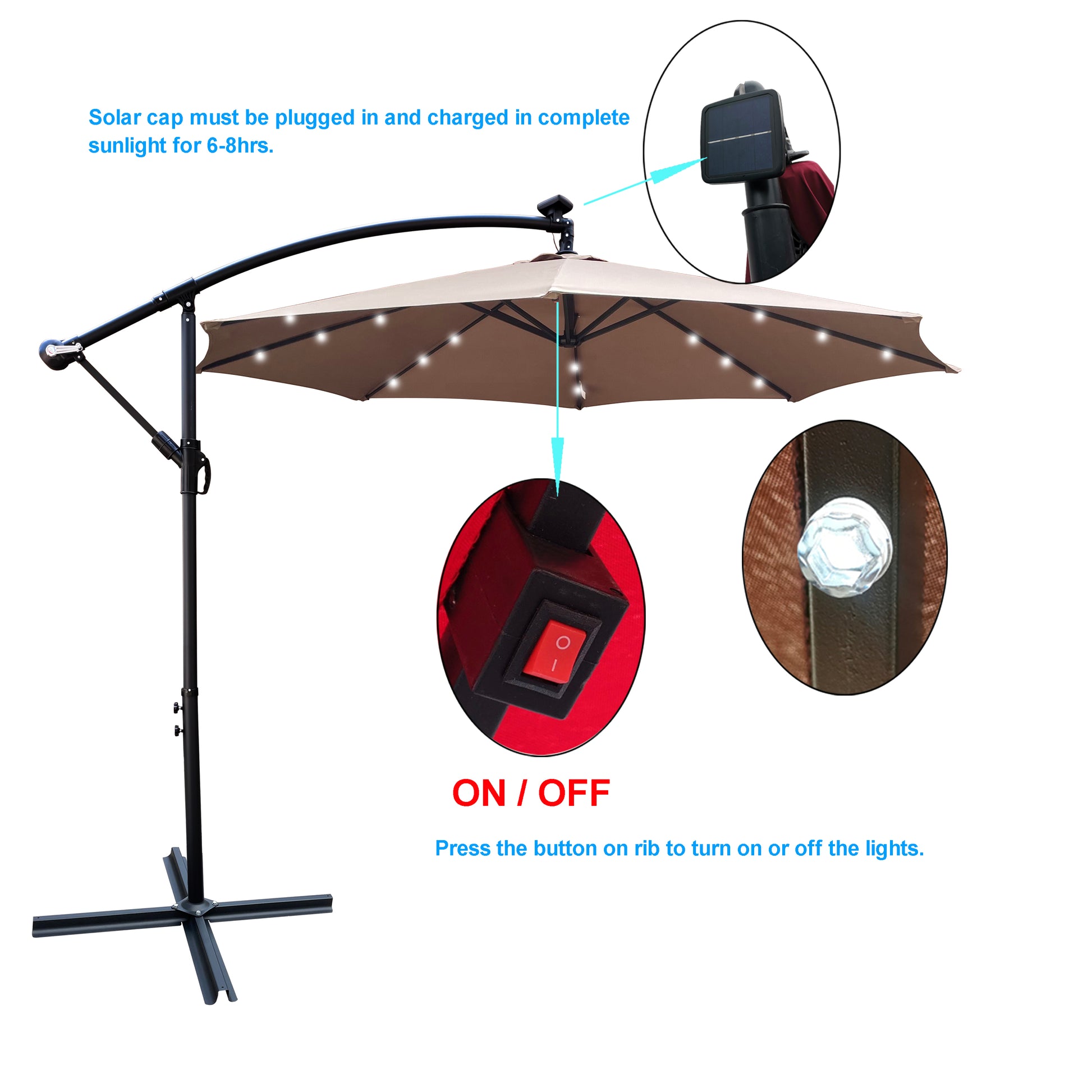 Tan cantilever patio umbrella with solarpowered LED lights and onoff switch