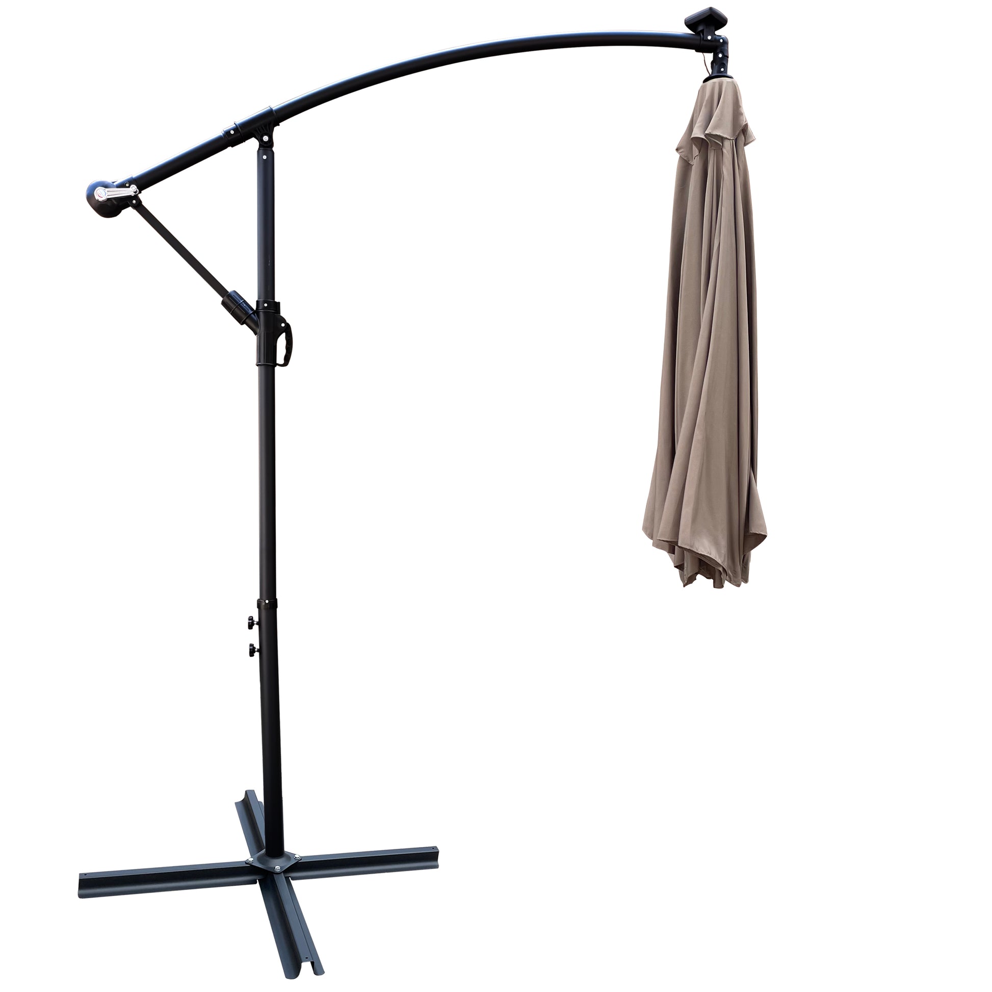 Tan patio cantilever umbrella with dark grey metal base and pole