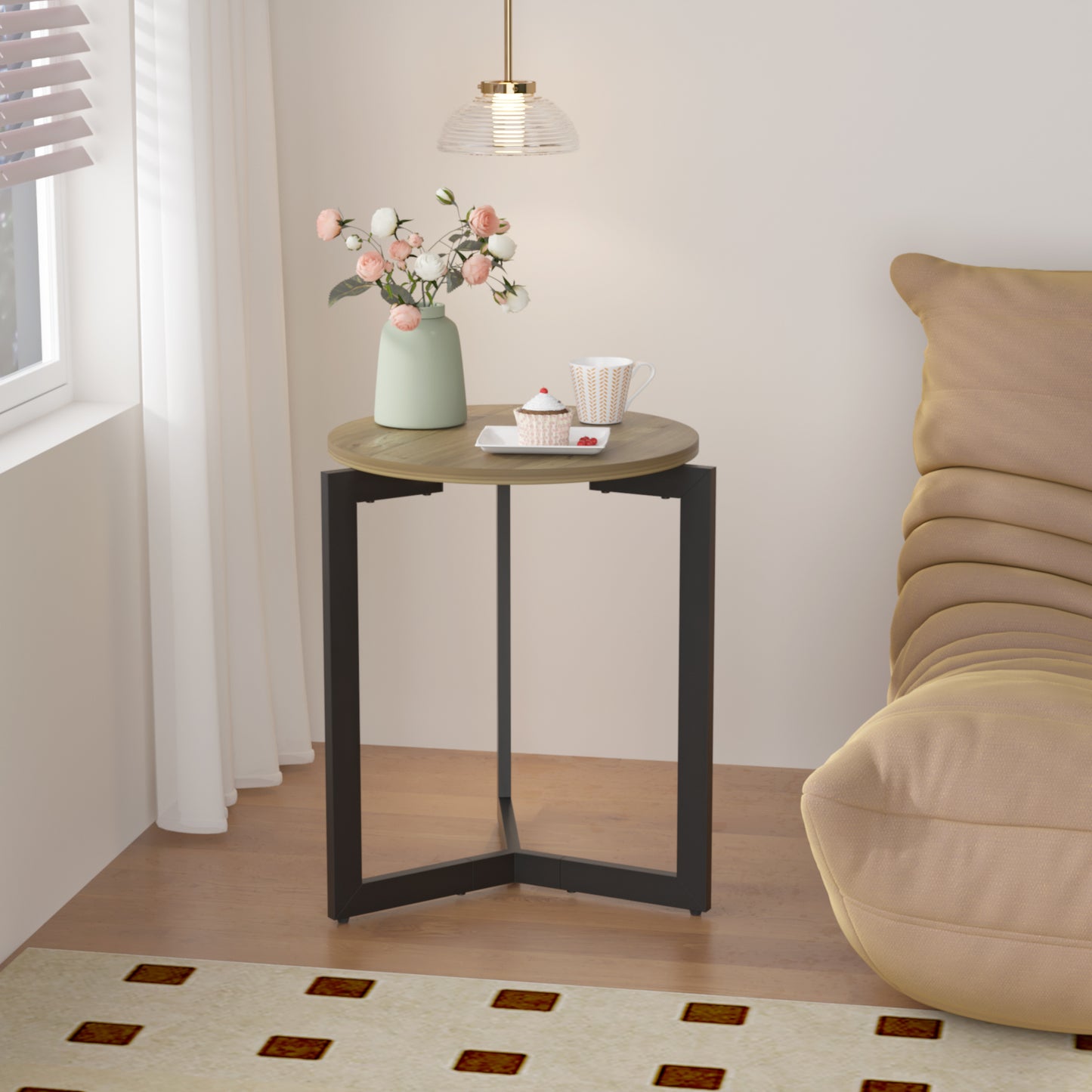 Round wood side table with black metal legs perfect for small spaces