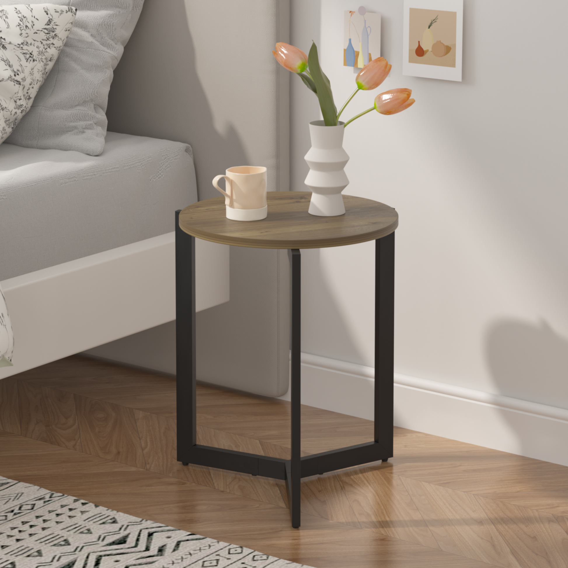 Round wood side table with black metal base perfect for bedroom accents