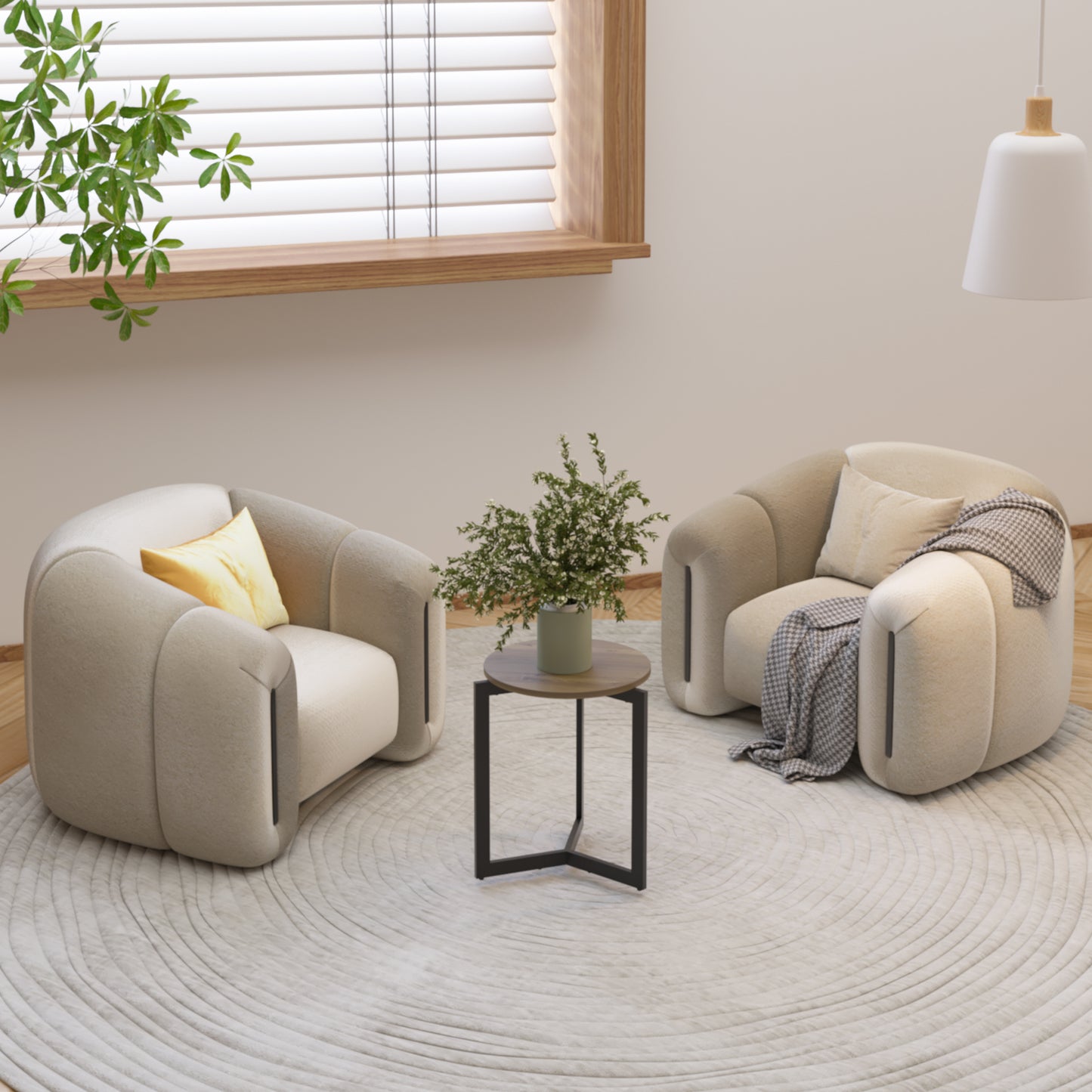Plush cream boucle armchair with a yellow accent pillow for cozy living room seating
