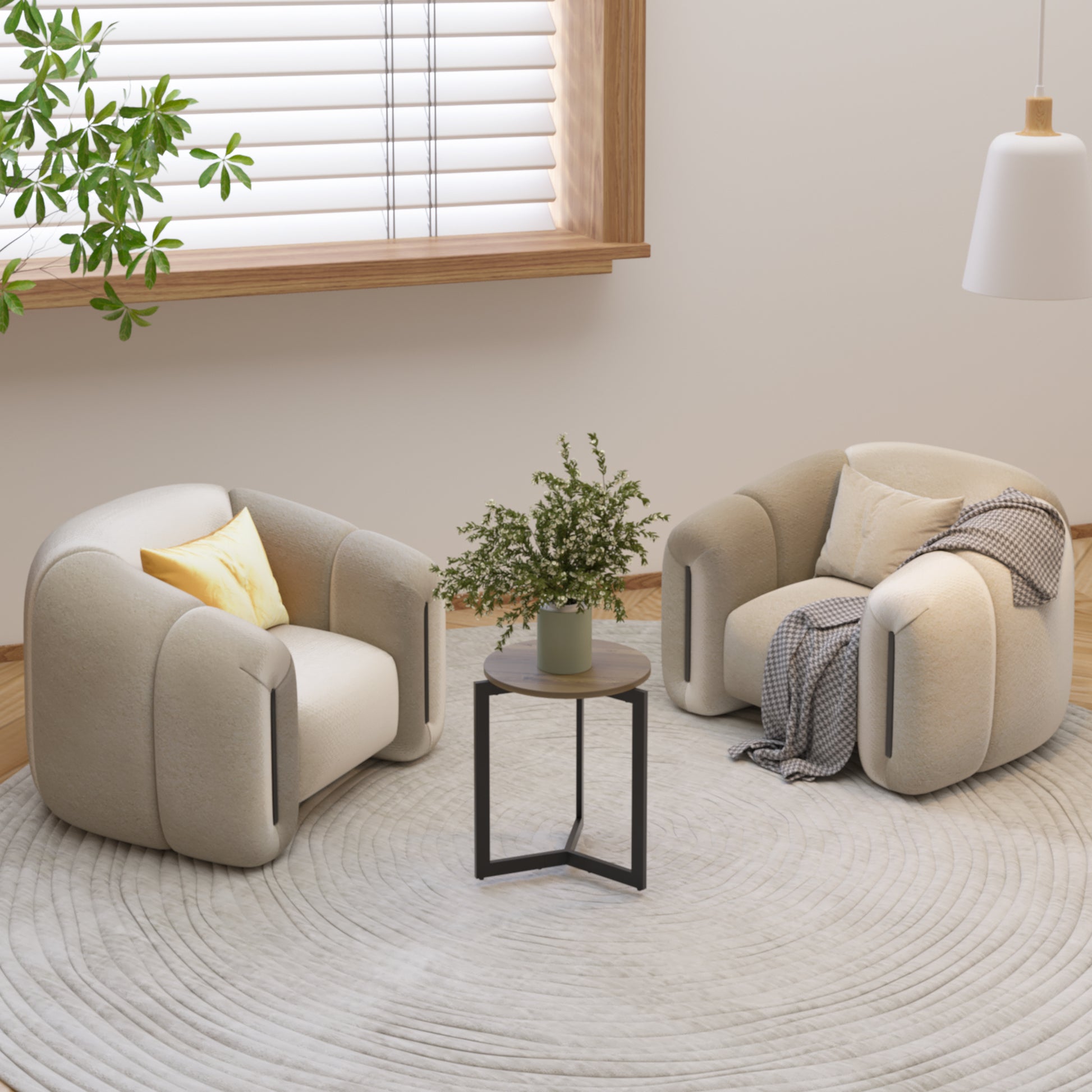 Plush cream boucle armchair with a yellow accent pillow for cozy living room seating