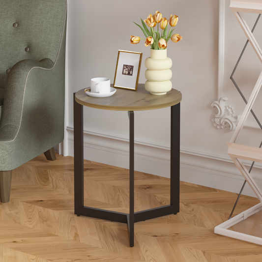 Round wooden end table with black metal legs ideal for living rooms