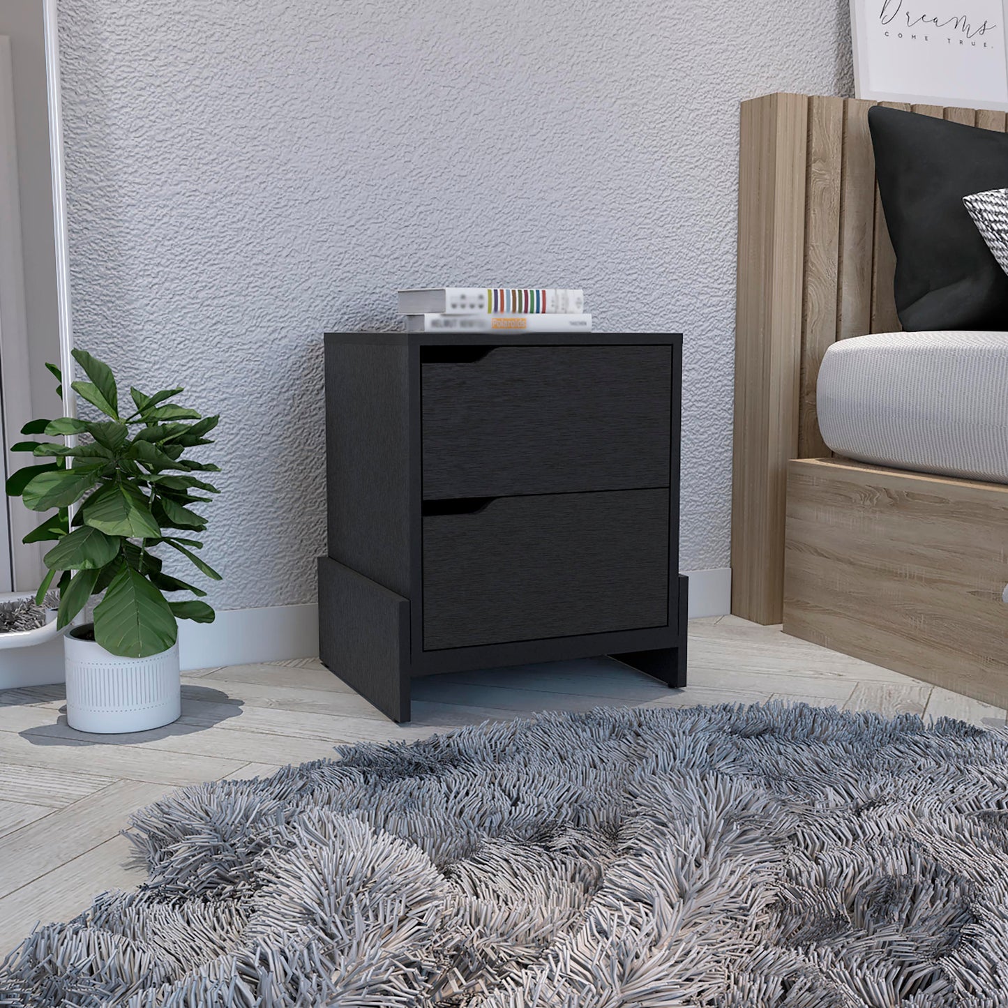 Modern black wood nightstand with two drawers
