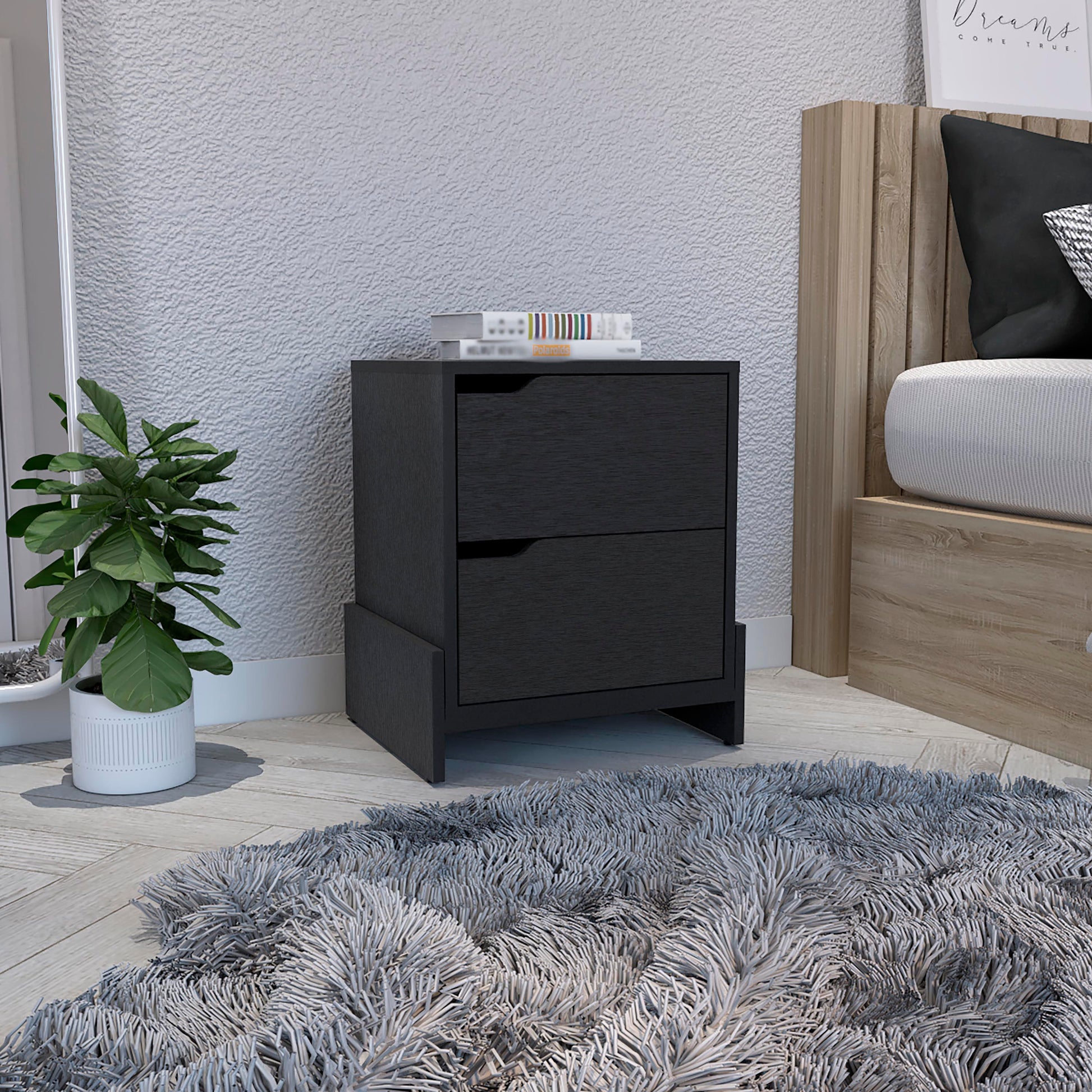 Modern black wood nightstand with two drawers