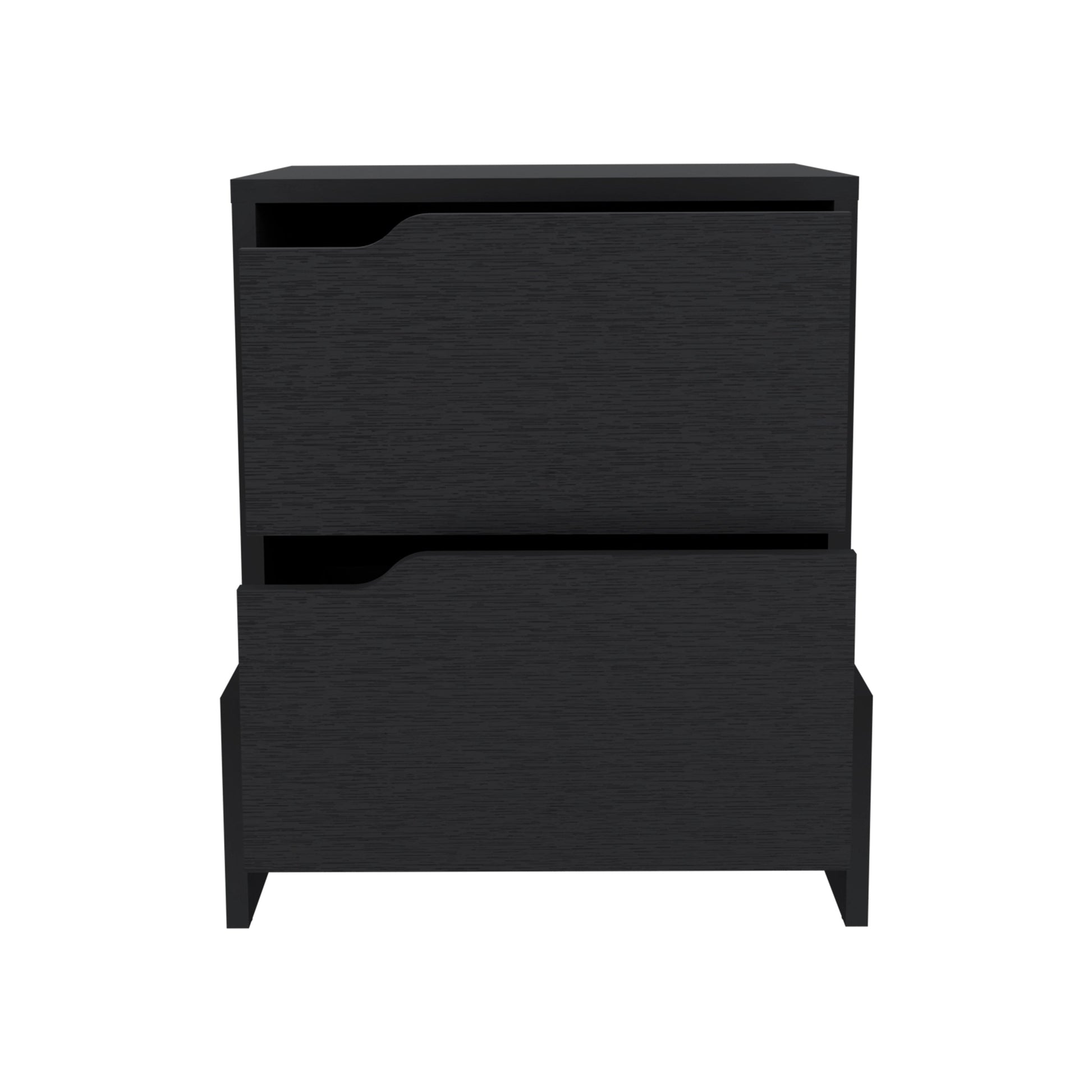 Sleek black twodrawer nightstand with minimalist design