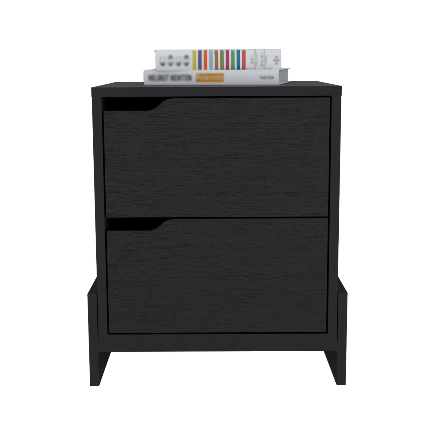 Modern black nightstand with two drawers and integrated handles