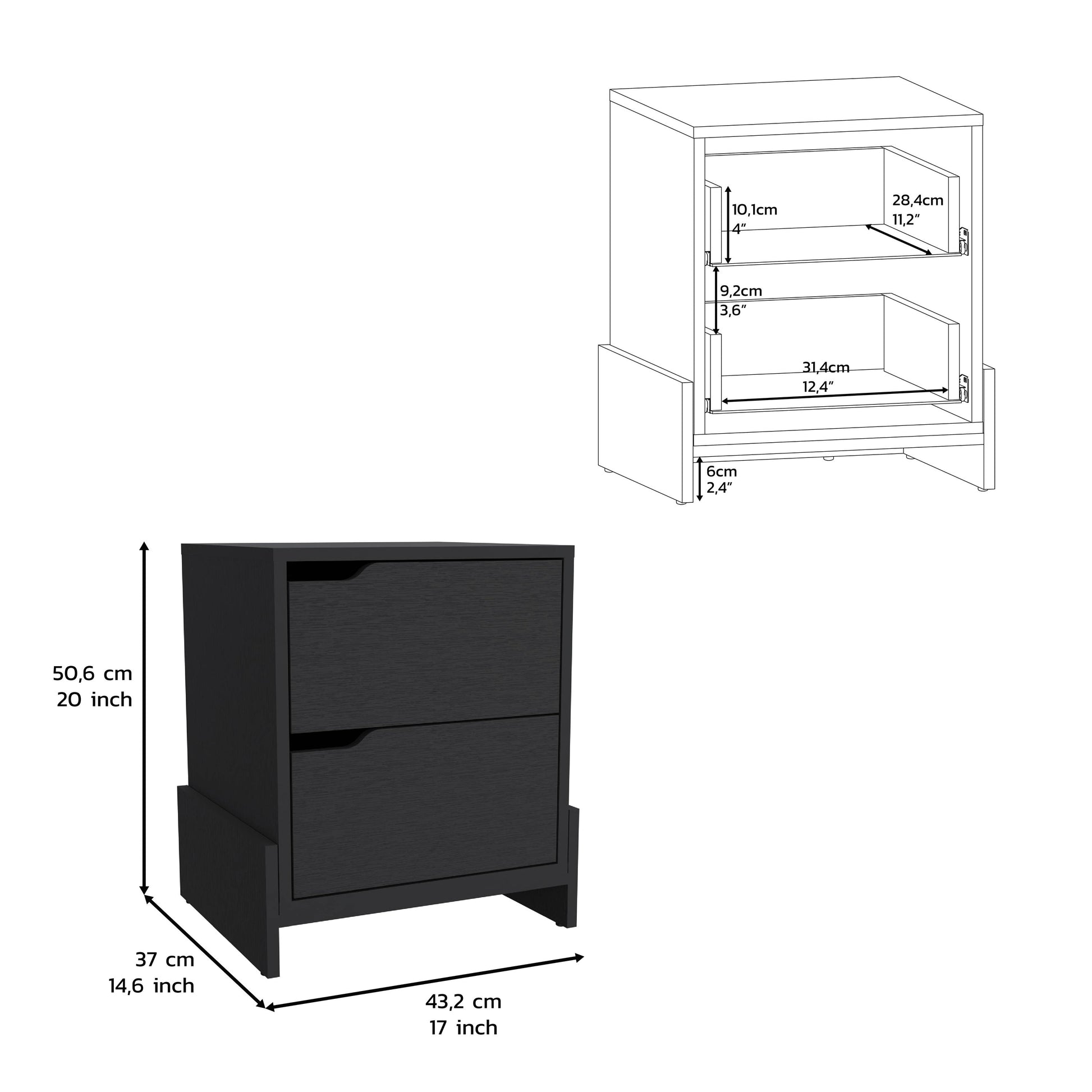 Black twodrawer nightstand with modern handleless design and angled legs