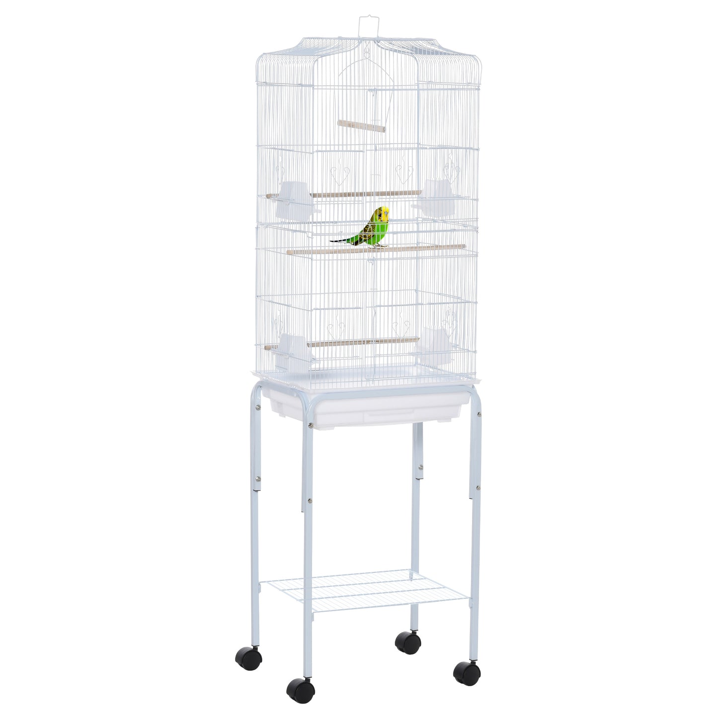 White metal bird cage with stand and perches featuring a budgie