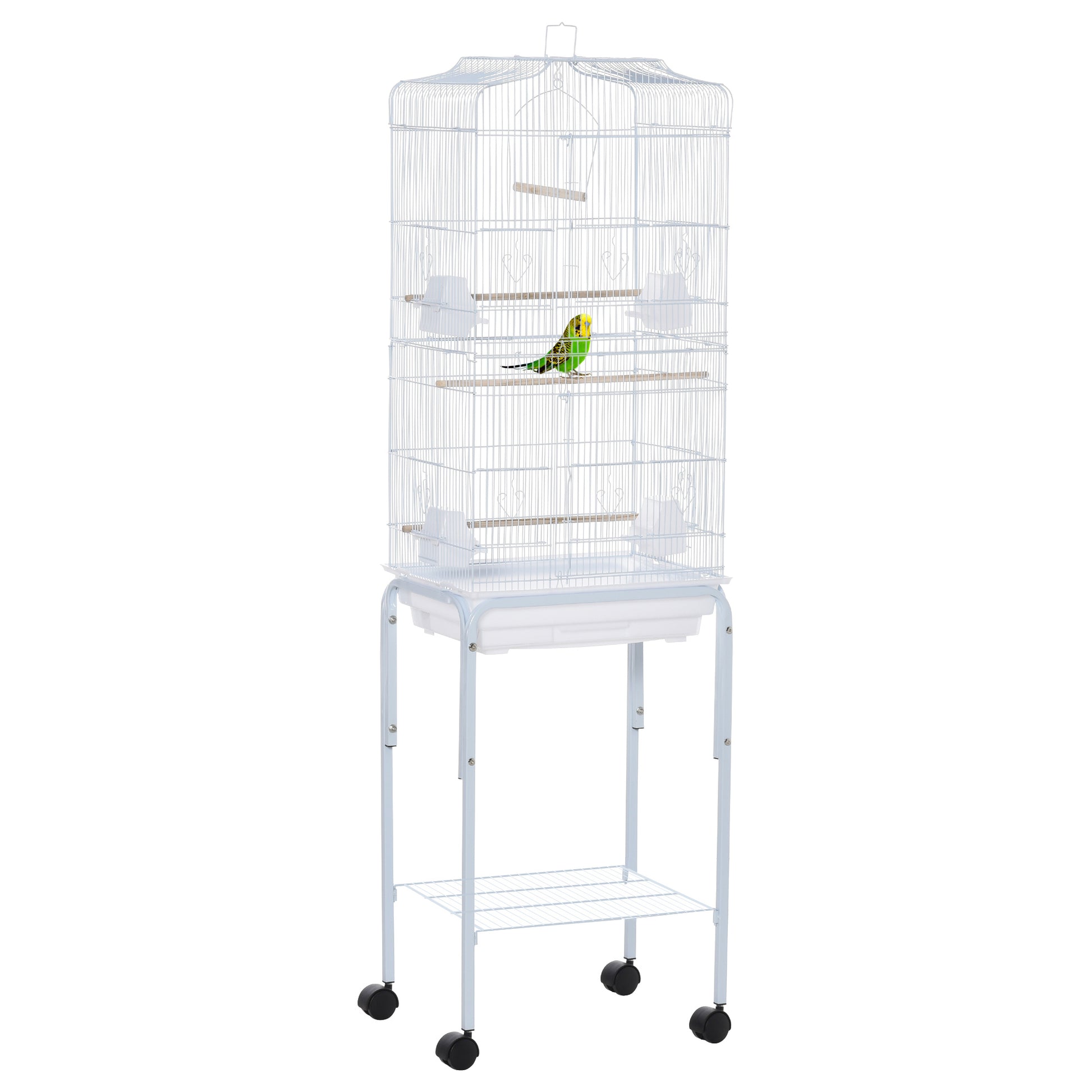 White metal bird cage with stand and perches featuring a budgie