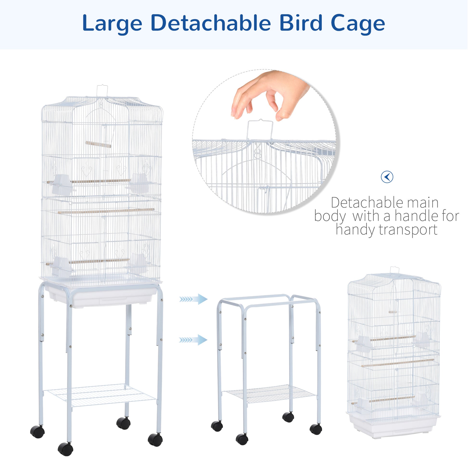 White wire bird cage with multilevel perches on a rolling stand