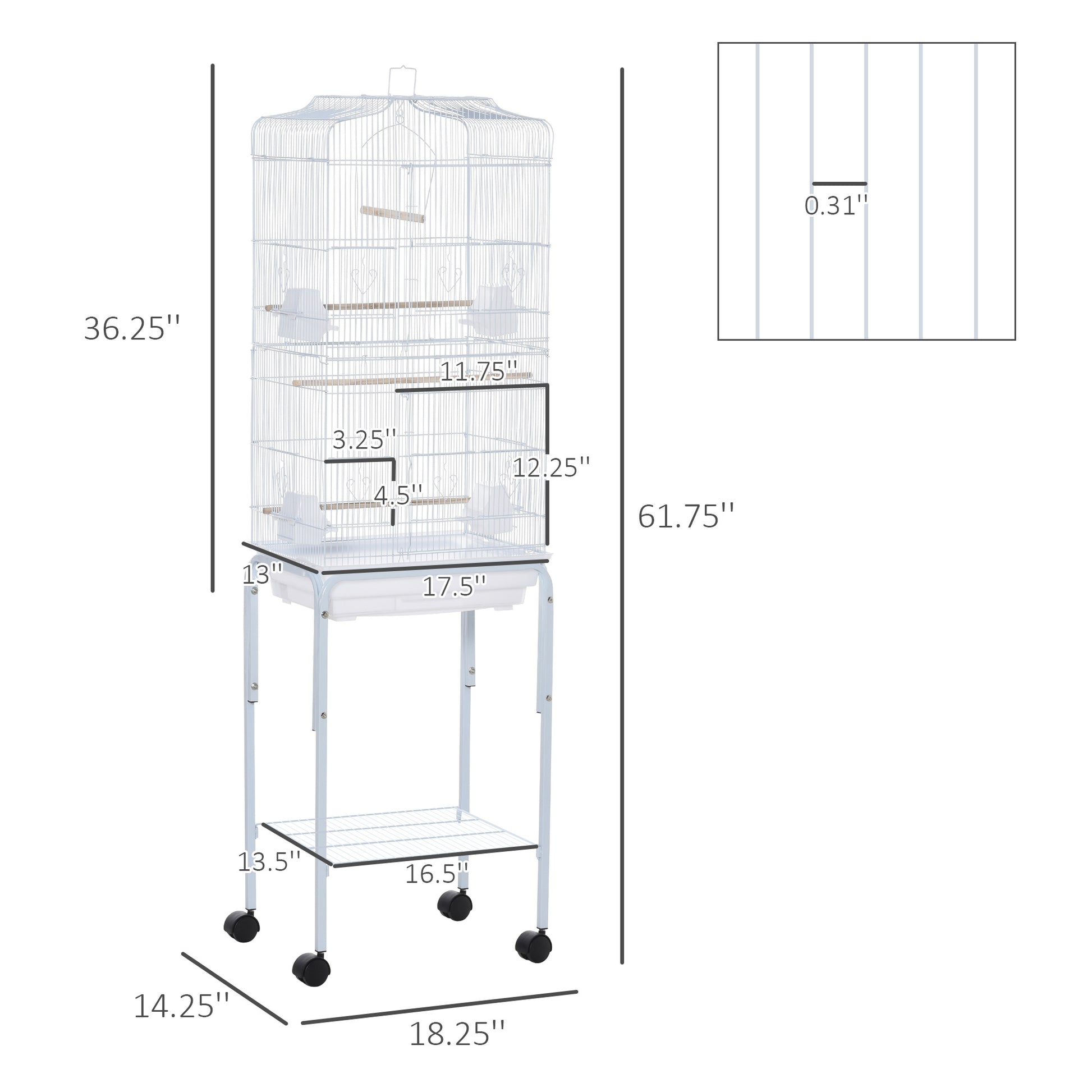 White wire bird cage with stand multiple perches and a removable tray  tall