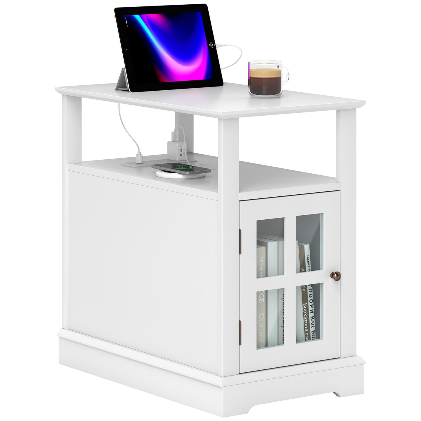White accent table with builtin USB charging wireless charger and glassdoor cabinet