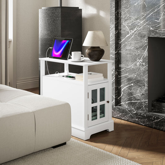 White modern end table with USB charging ports and glasspaneled cabinet