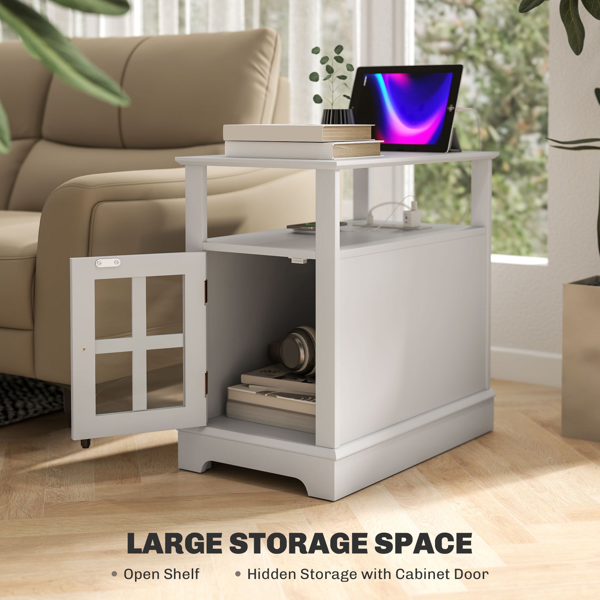 White accent table with open shelf cabinet storage and charging station