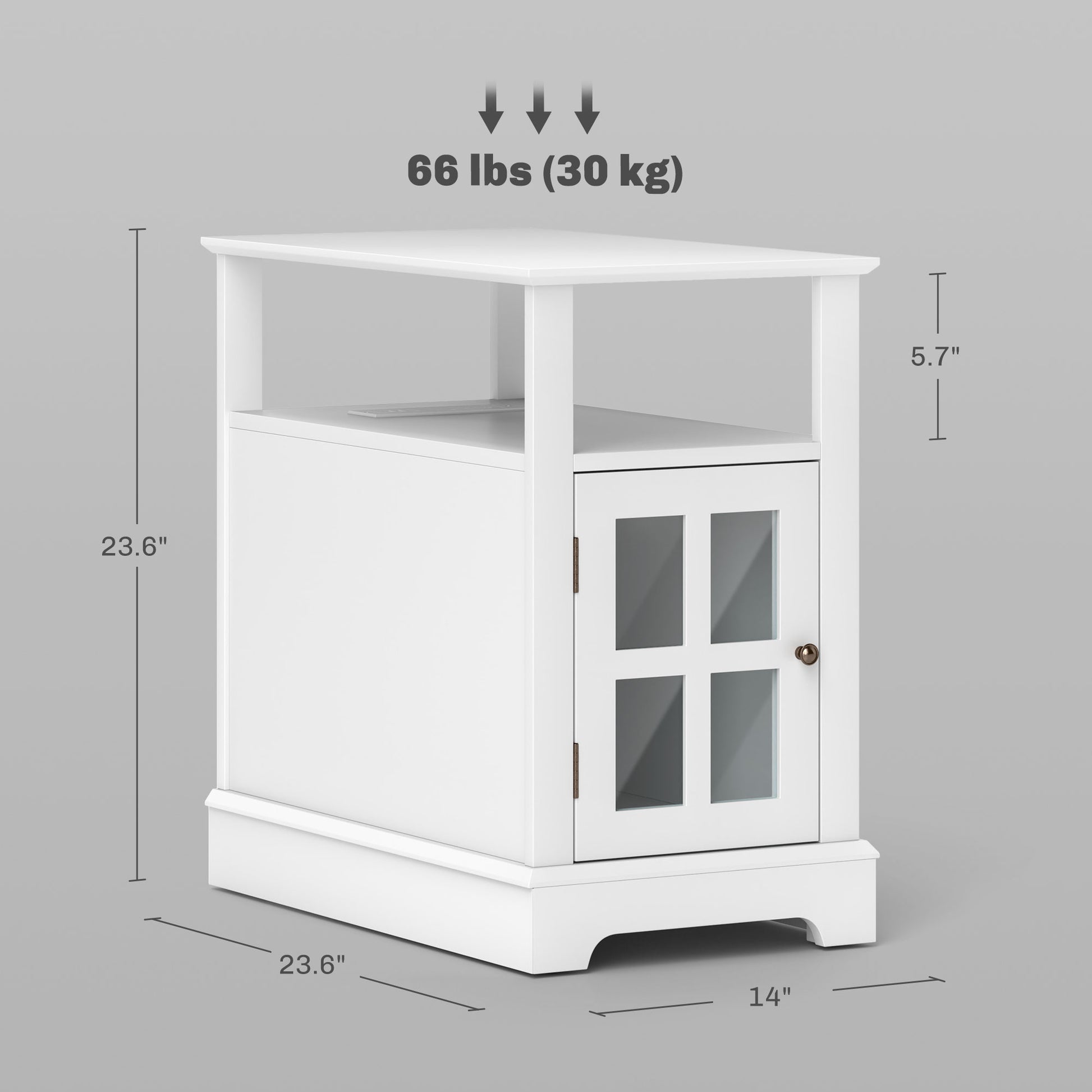 White corner accent table with a glass paneled door and open shelf