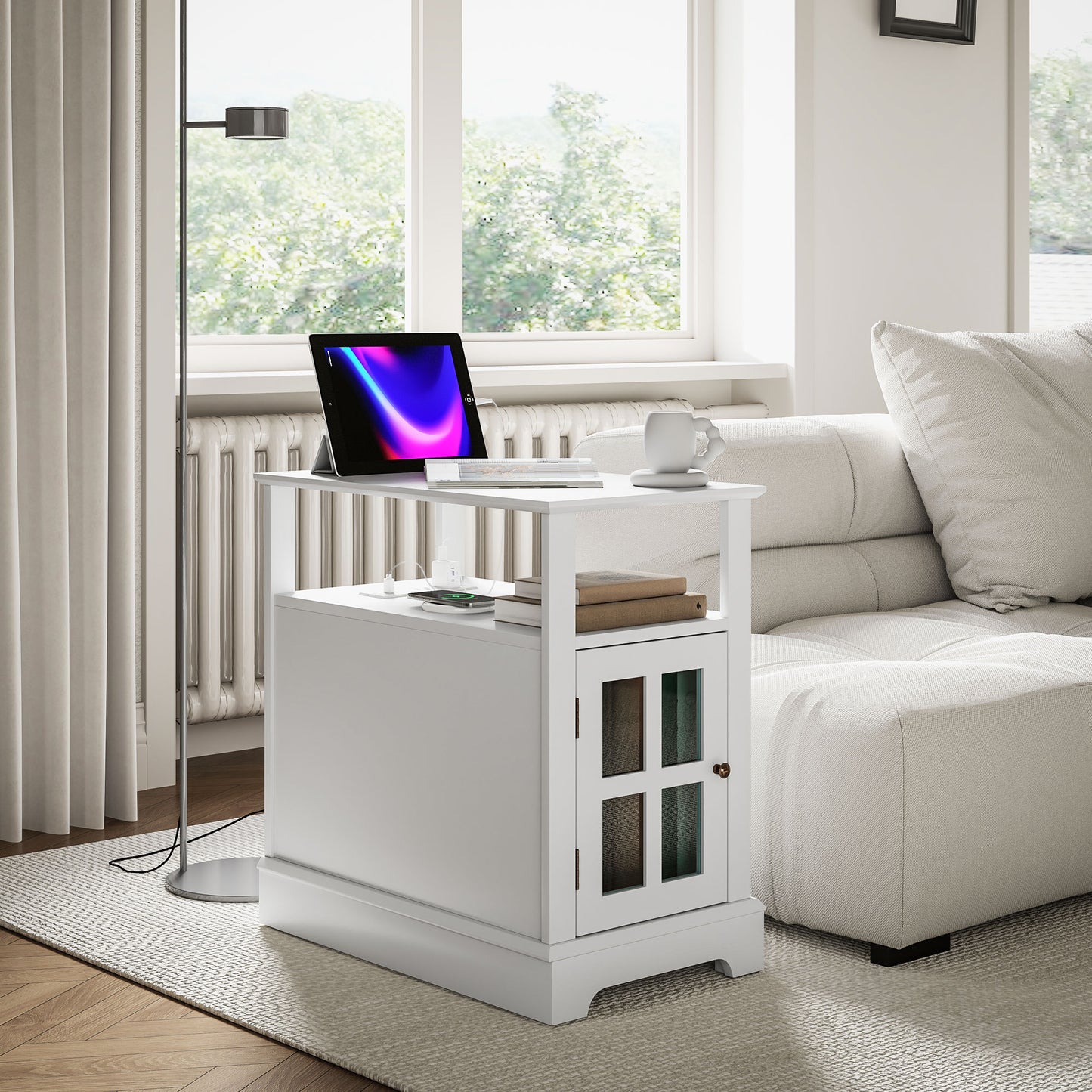 White accent table with storage cabinet and glass doors perfect for living room use