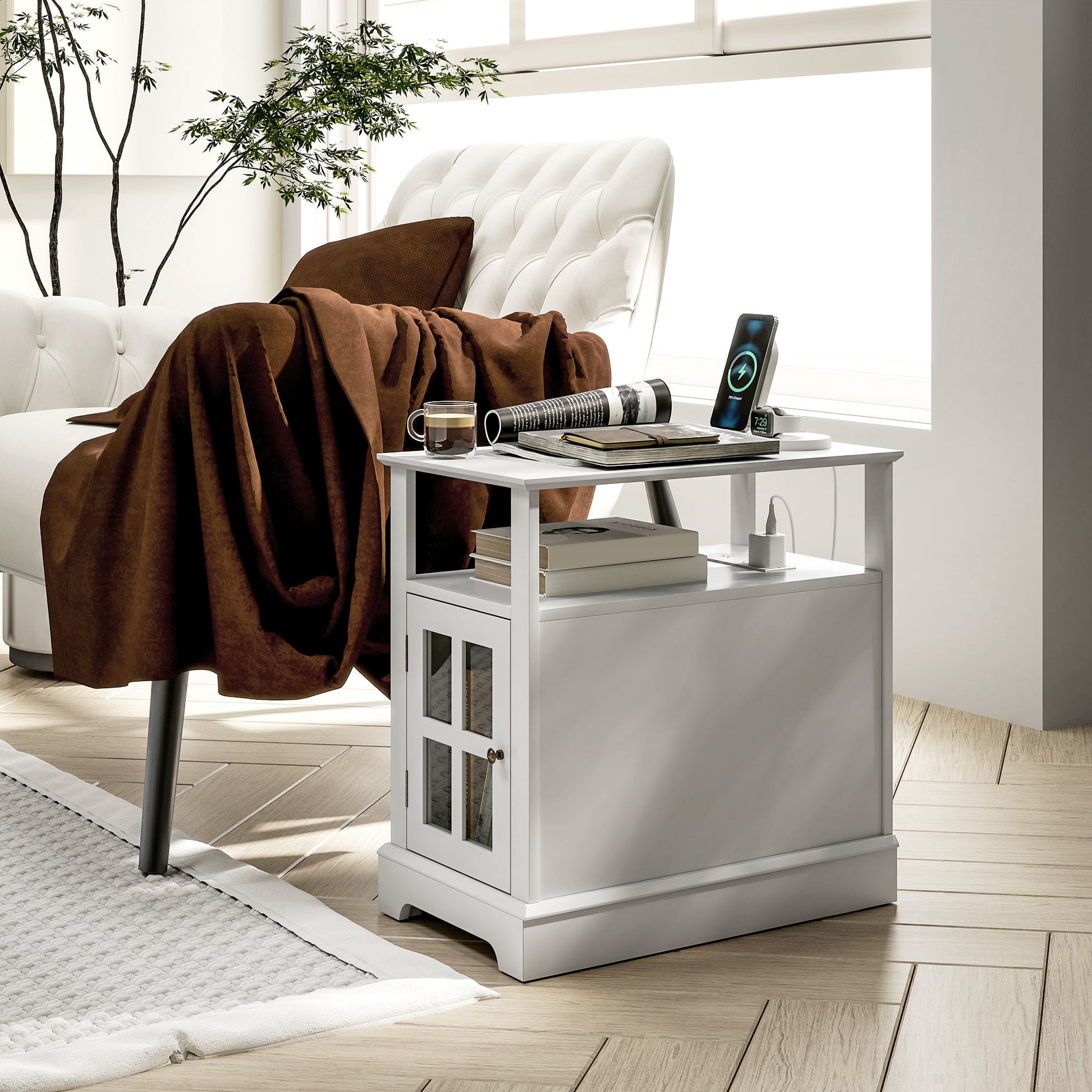 White end table with glasspaneled cabinet perfect for living rooms