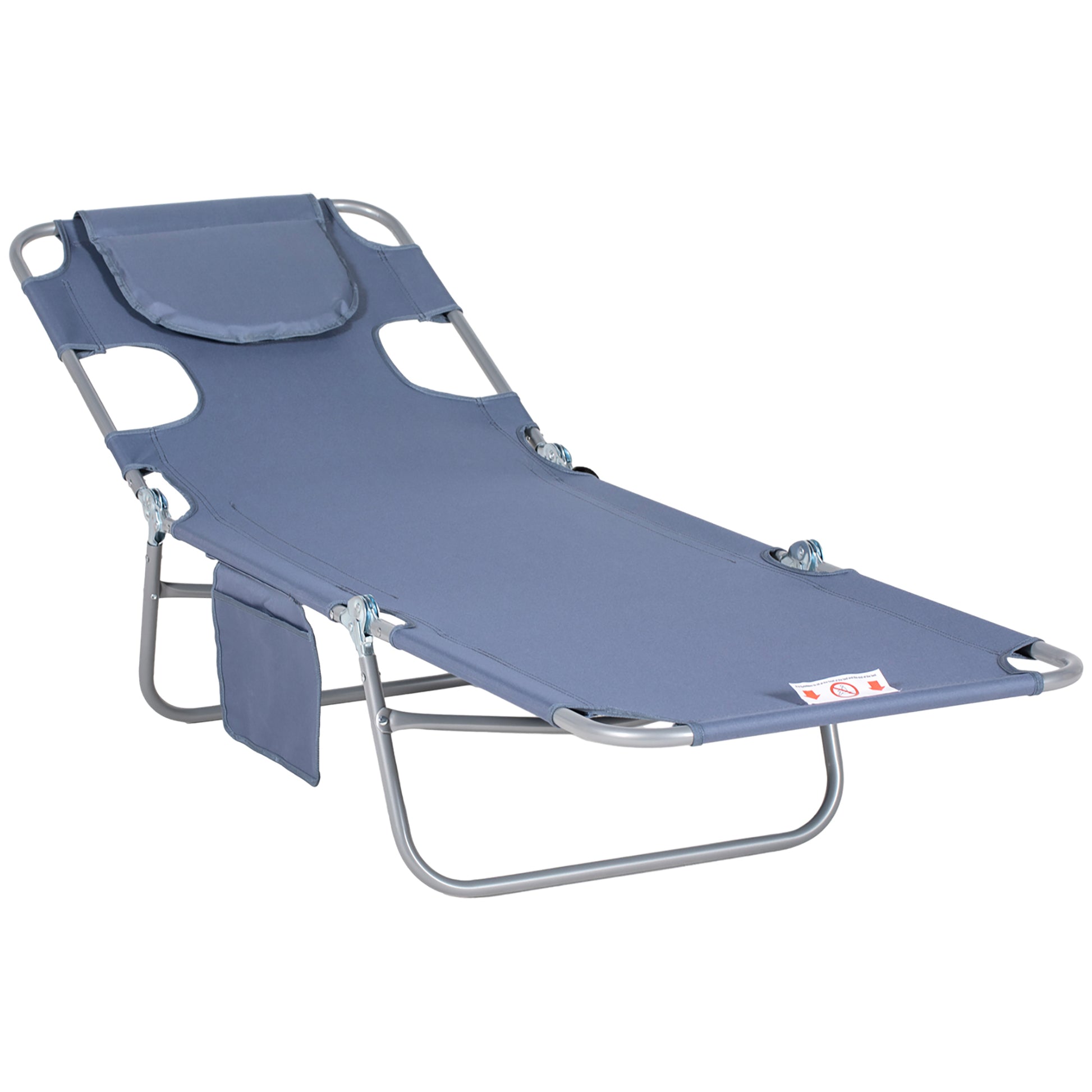 Foldable blue fabric camping cot with adjustable headrest and side pocket perfect for outdoor relaxation