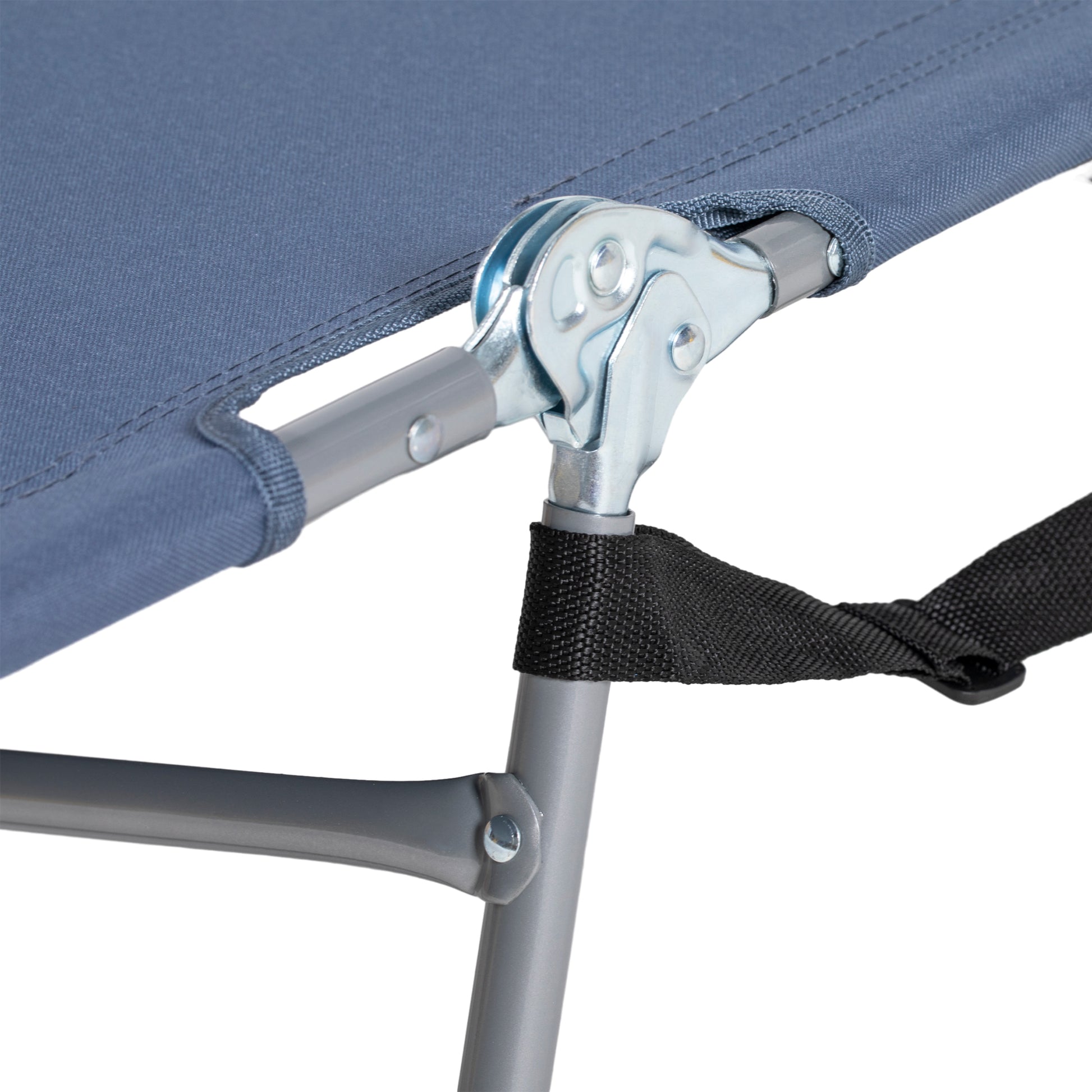Blue canvas camping cot fabric with silver metal joint detail